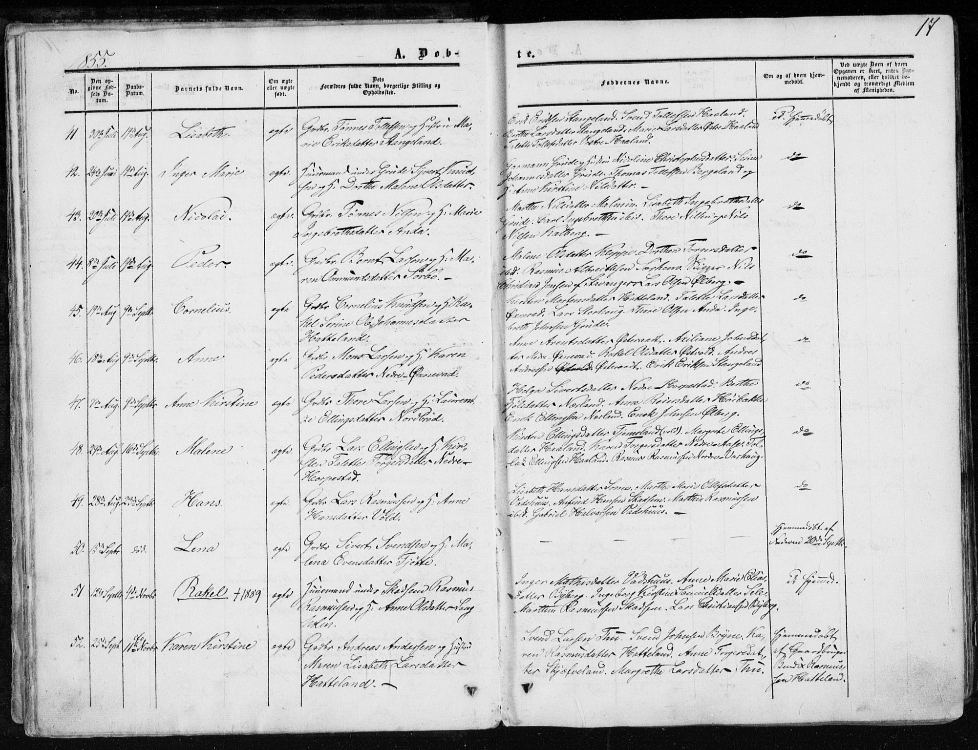 Klepp sokneprestkontor, SAST/A-101803/001/3/30BA/L0005: Parish register (official) no. A 5, 1853-1870, p. 17