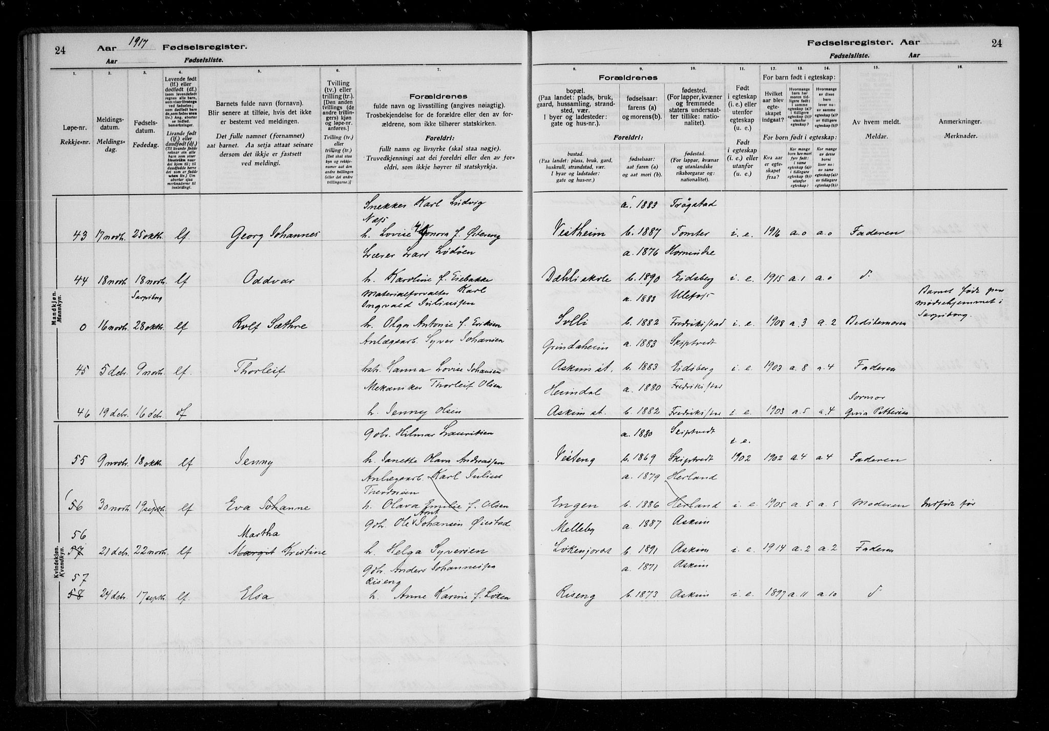 Askim prestekontor Kirkebøker, AV/SAO-A-10900/J/Ja/L0001: Birth register no. 1, 1916-1929, p. 24