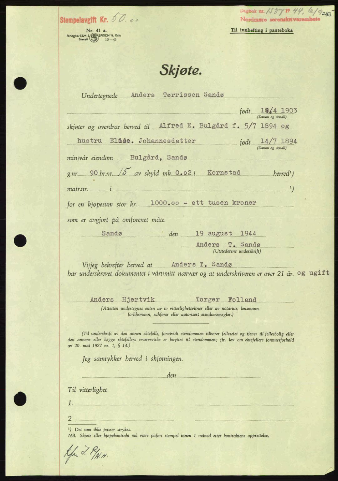 Nordmøre sorenskriveri, AV/SAT-A-4132/1/2/2Ca: Mortgage book no. A98, 1944-1944, Diary no: : 1537/1944