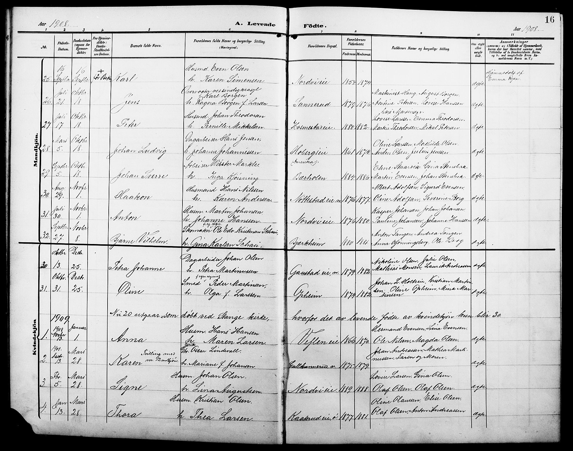 Stange prestekontor, SAH/PREST-002/L/L0013: Parish register (copy) no. 13, 1906-1915, p. 16