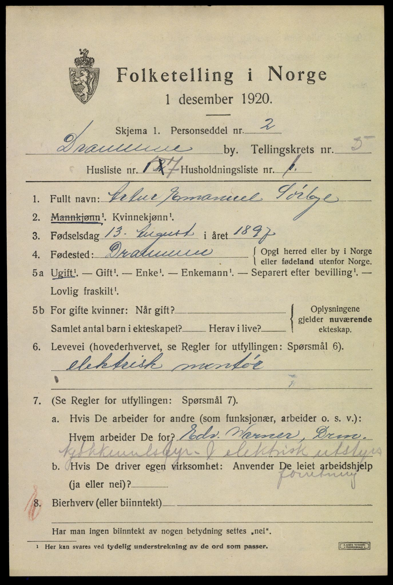 SAKO, 1920 census for Drammen, 1920, p. 37343