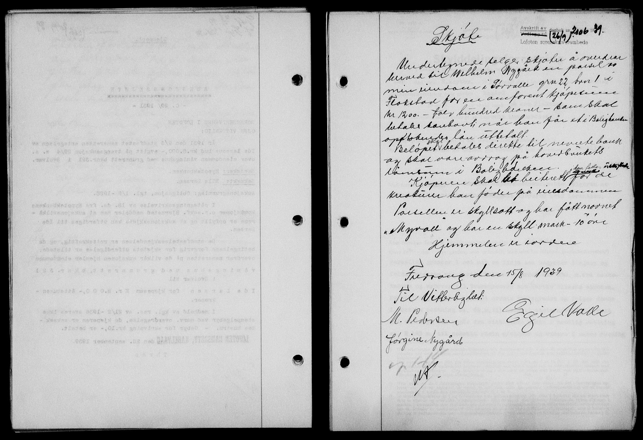 Lofoten sorenskriveri, SAT/A-0017/1/2/2C/L0006a: Mortgage book no. 6a, 1939-1939, Diary no: : 2106/1939