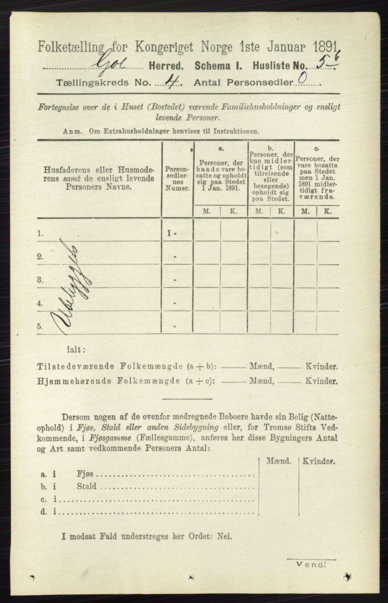 RA, 1891 census for 0617 Gol og Hemsedal, 1891, p. 1716