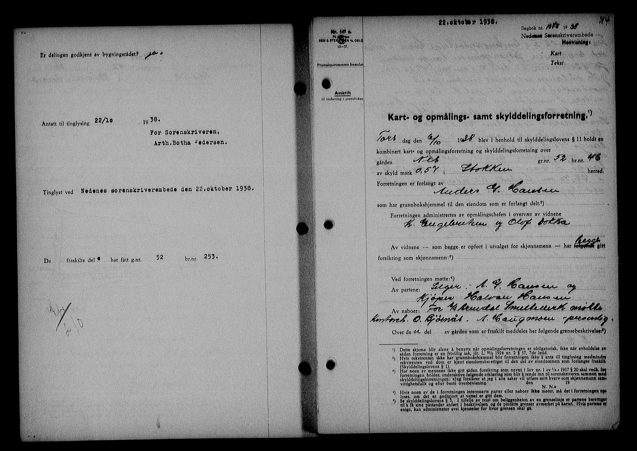 Nedenes sorenskriveri, SAK/1221-0006/G/Gb/Gba/L0045: Mortgage book no. 41, 1938-1938, Diary no: : 1078/1938