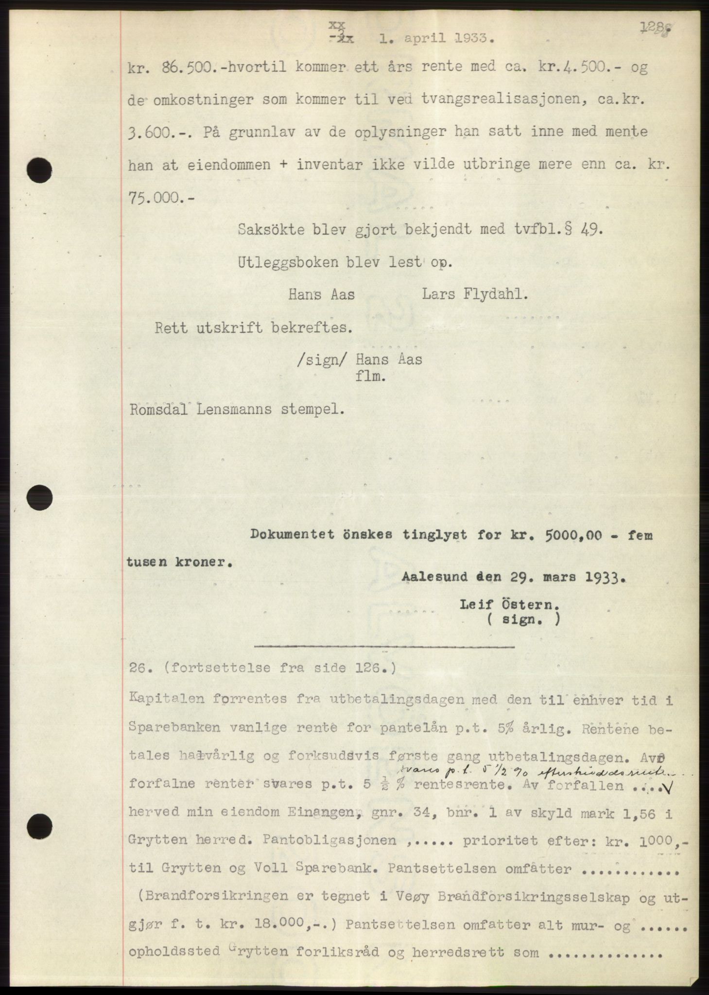 Romsdal sorenskriveri, AV/SAT-A-4149/1/2/2C/L0063: Mortgage book no. 57, 1933-1933, Deed date: 01.04.1933