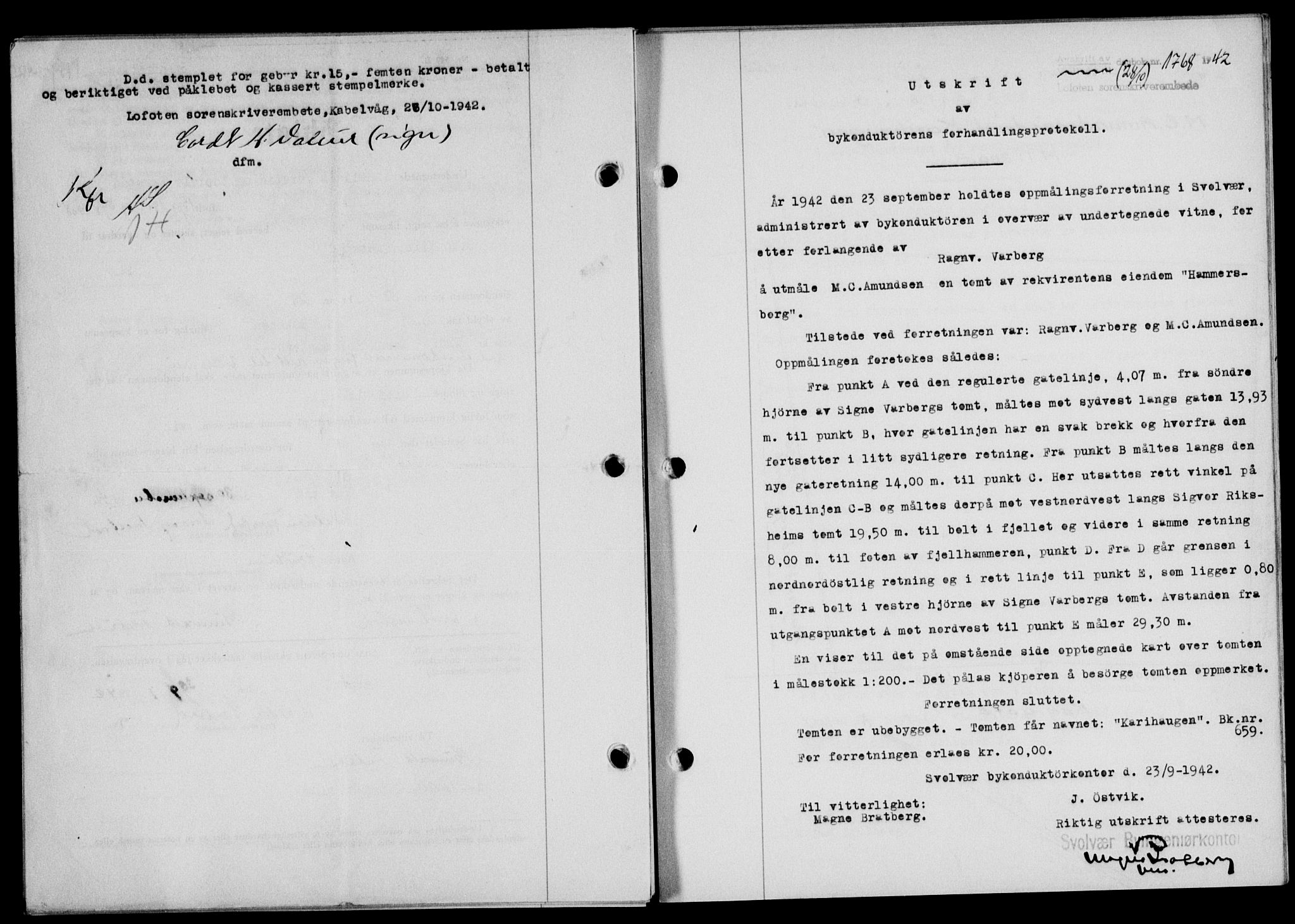 Lofoten sorenskriveri, SAT/A-0017/1/2/2C/L0010a: Mortgage book no. 10a, 1942-1943, Diary no: : 1768/1942