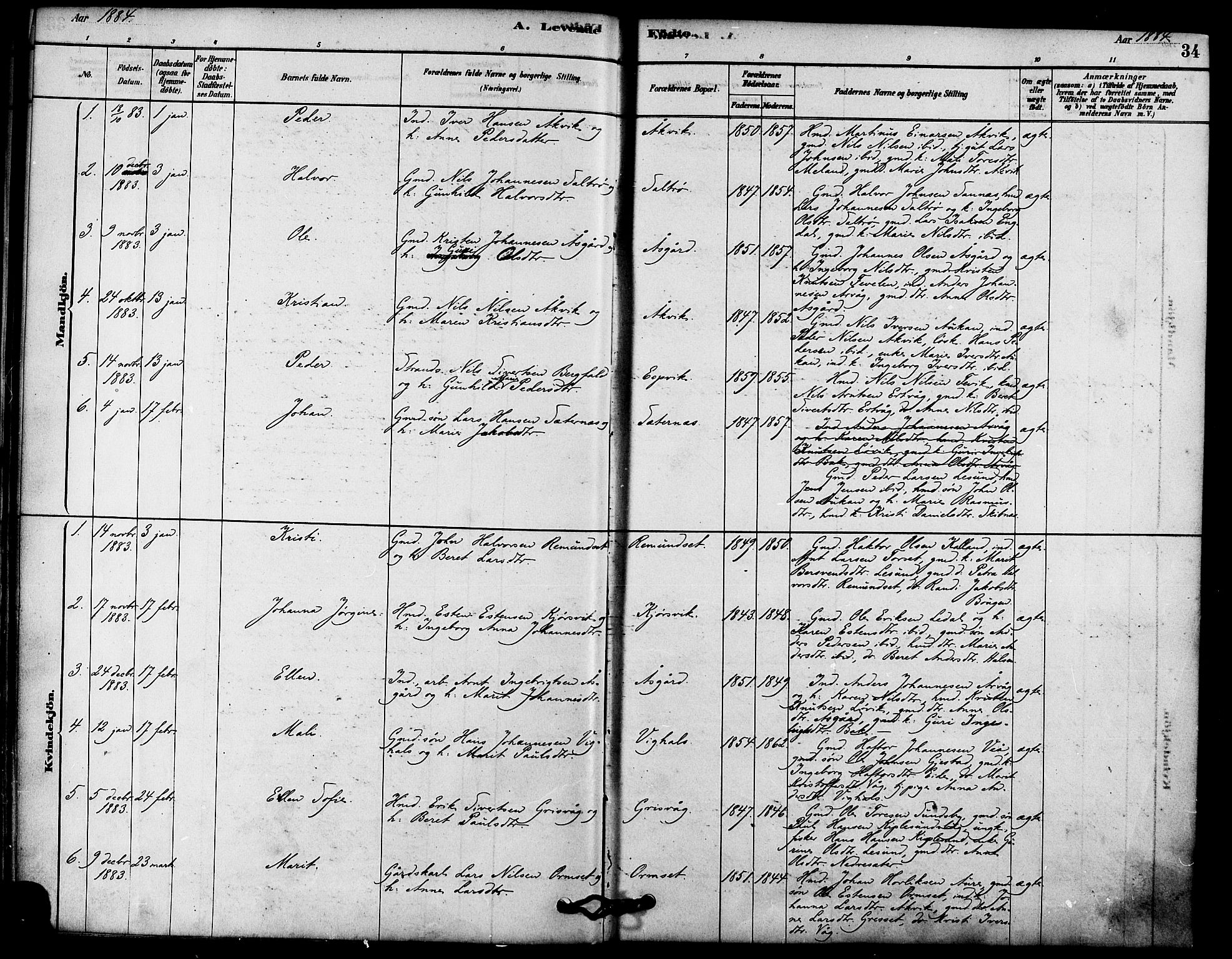 Ministerialprotokoller, klokkerbøker og fødselsregistre - Møre og Romsdal, AV/SAT-A-1454/578/L0906: Parish register (official) no. 578A05, 1878-1886, p. 34