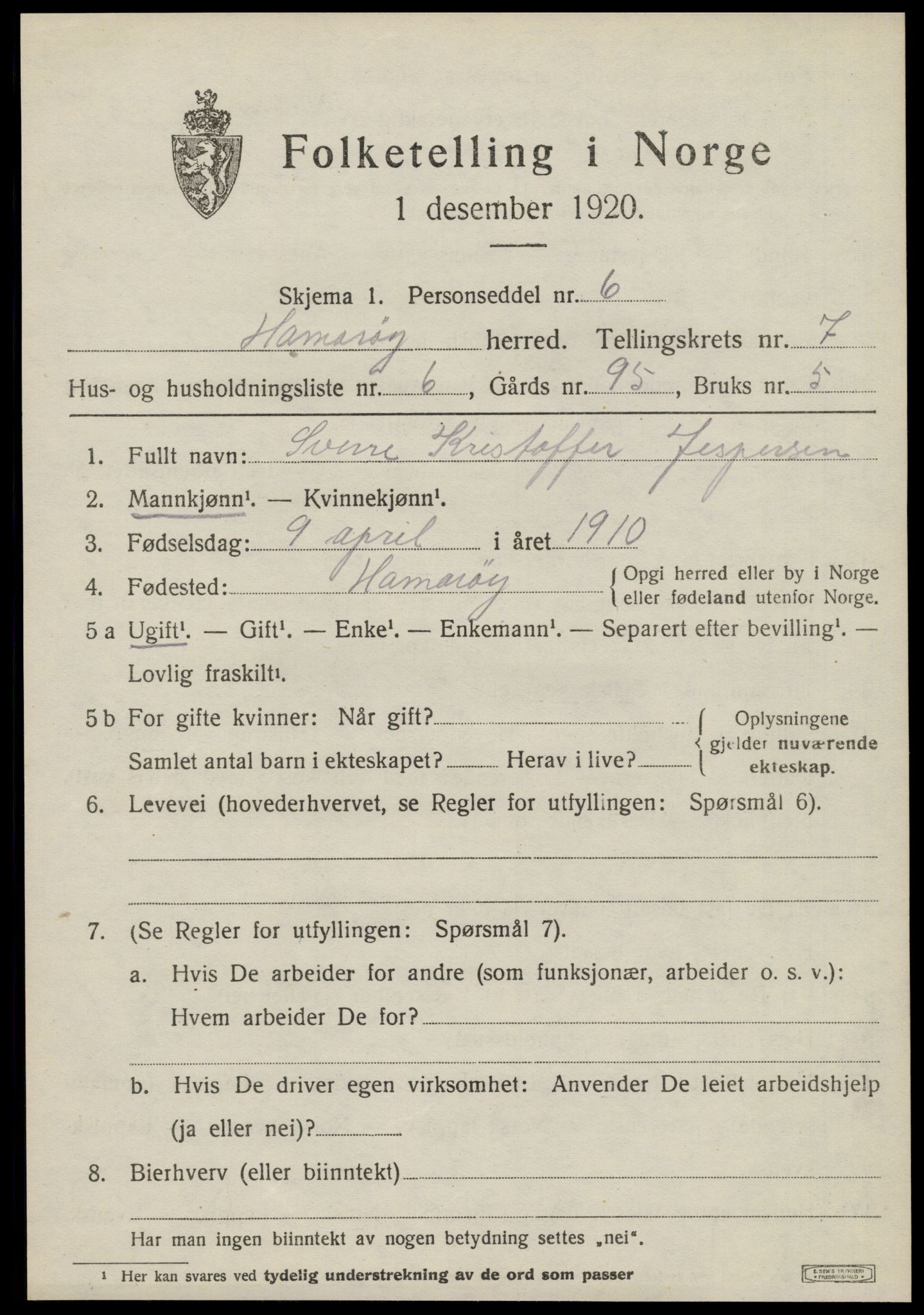 SAT, 1920 census for Hamarøy, 1920, p. 3252