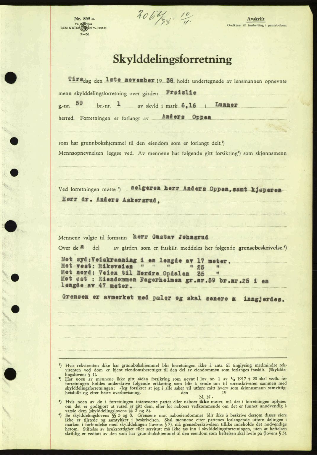 Hadeland og Land tingrett, AV/SAH-TING-010/H/Hb/Hbb/L0077: Mortgage book no. A77, 1938-1939, Diary no: : 2067/1938