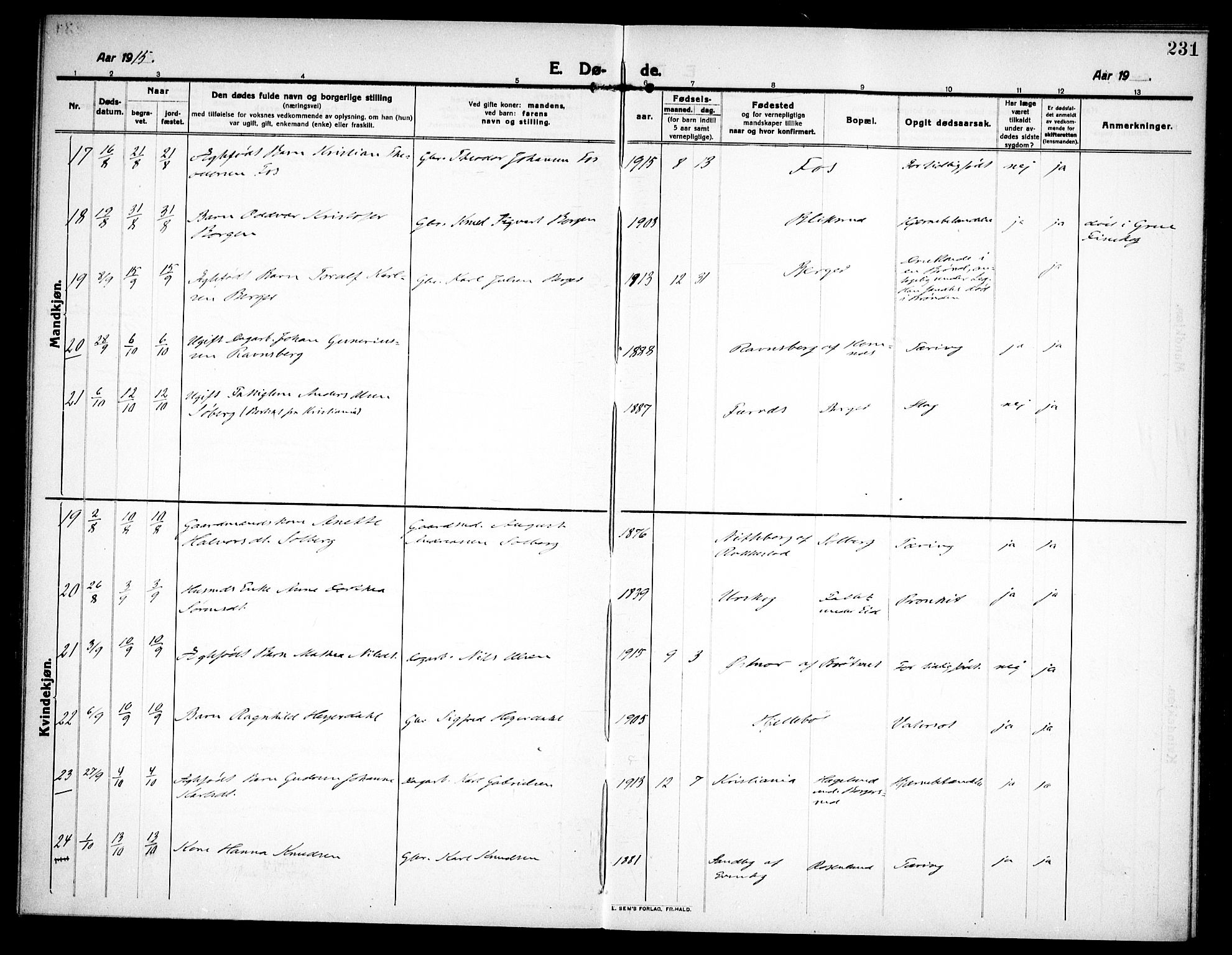 Høland prestekontor Kirkebøker, AV/SAO-A-10346a/F/Fa/L0016: Parish register (official) no. I 16, 1912-1921, p. 231