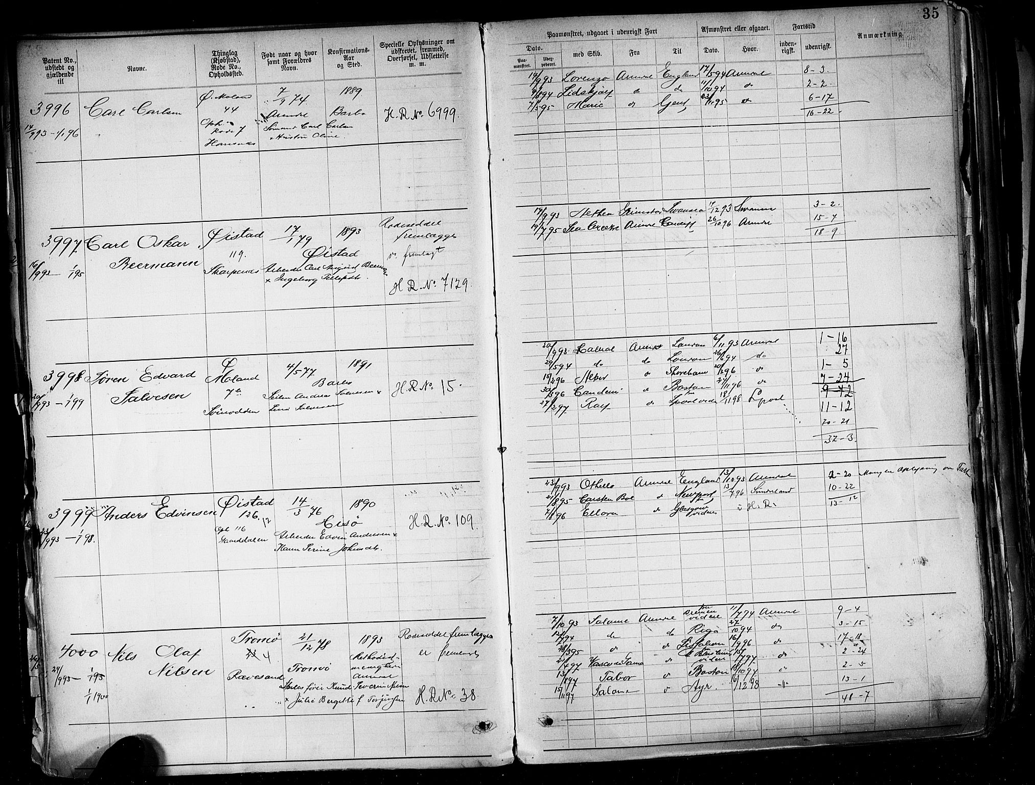 Arendal mønstringskrets, SAK/2031-0012/F/Fa/L0004: Annotasjonsrulle nr 3828-4715 og nr 1-1296, S-4, 1892-1918, p. 39