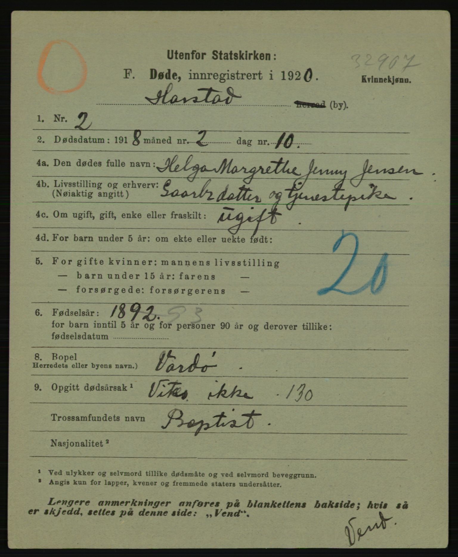 Statistisk sentralbyrå, Sosiodemografiske emner, Befolkning, AV/RA-S-2228/E/L0018: Fødte, gifte, døde dissentere., 1920, p. 3653