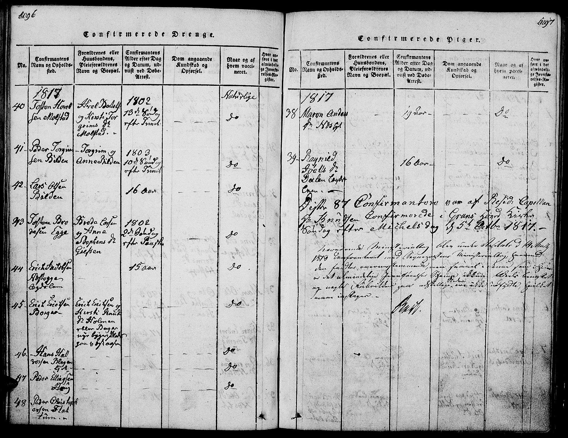 Gran prestekontor, SAH/PREST-112/H/Ha/Hab/L0001: Parish register (copy) no. 1, 1815-1824, p. 496-497