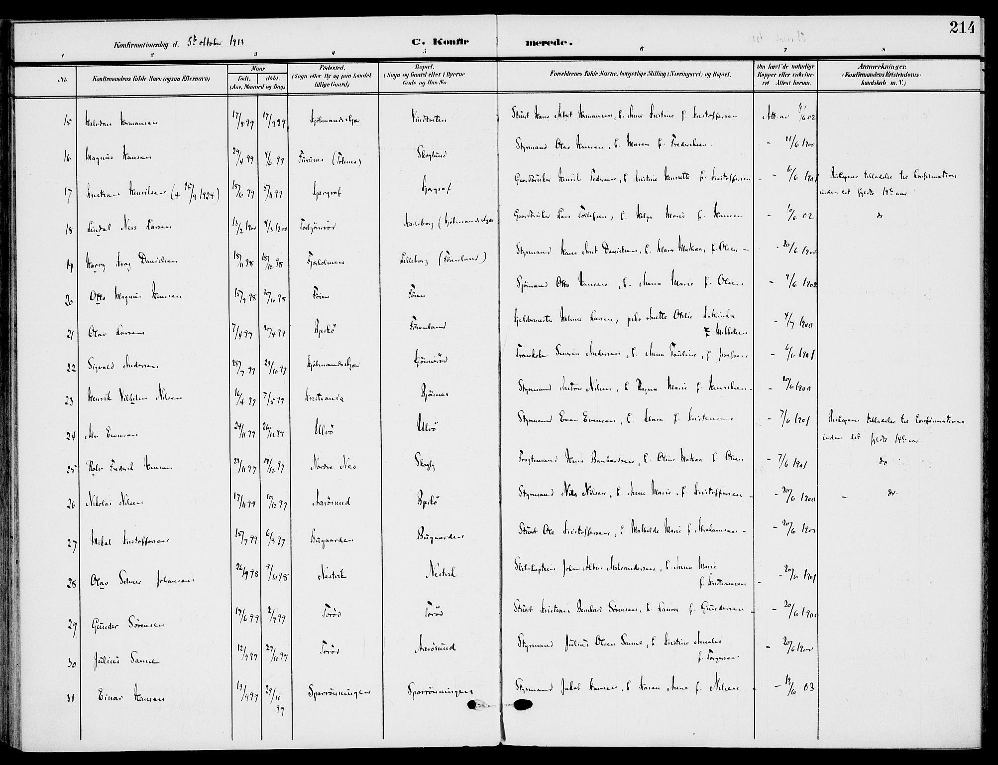 Nøtterøy kirkebøker, AV/SAKO-A-354/F/Fa/L0010: Parish register (official) no. I 10, 1908-1919, p. 214