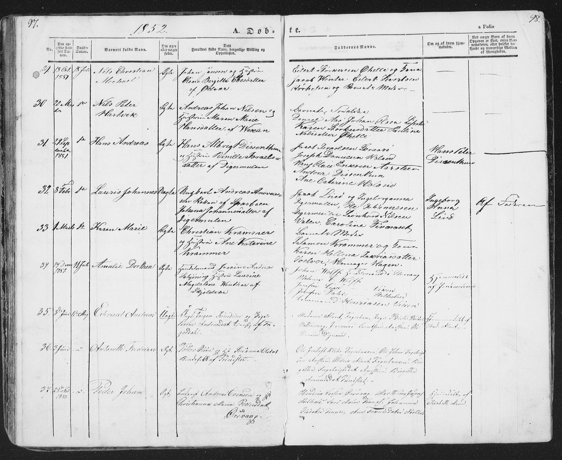 Ministerialprotokoller, klokkerbøker og fødselsregistre - Nordland, AV/SAT-A-1459/874/L1072: Parish register (copy) no. 874C01, 1843-1859, p. 97-98