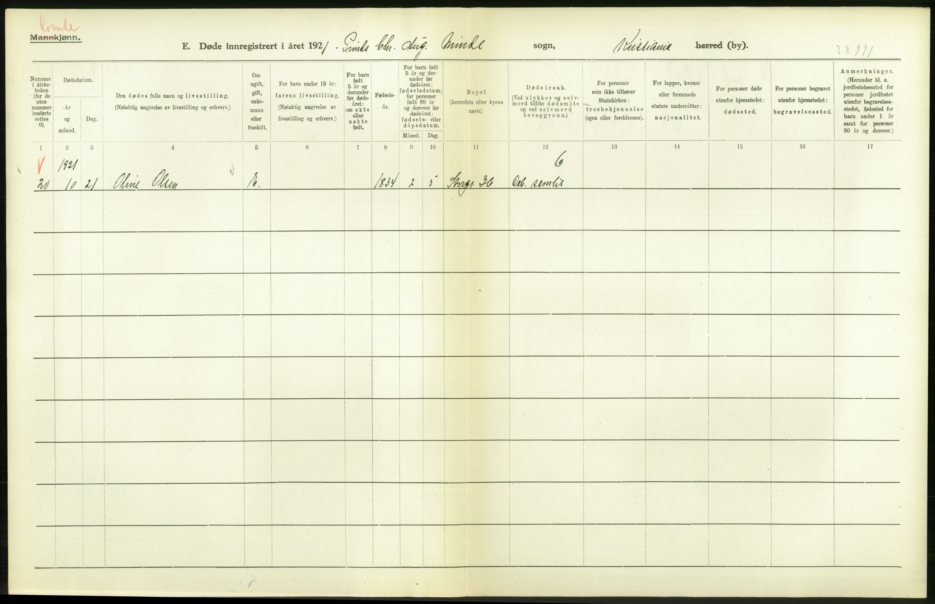 Statistisk sentralbyrå, Sosiodemografiske emner, Befolkning, AV/RA-S-2228/D/Df/Dfc/Dfca/L0013: Kristiania: Døde, dødfødte, 1921, p. 32