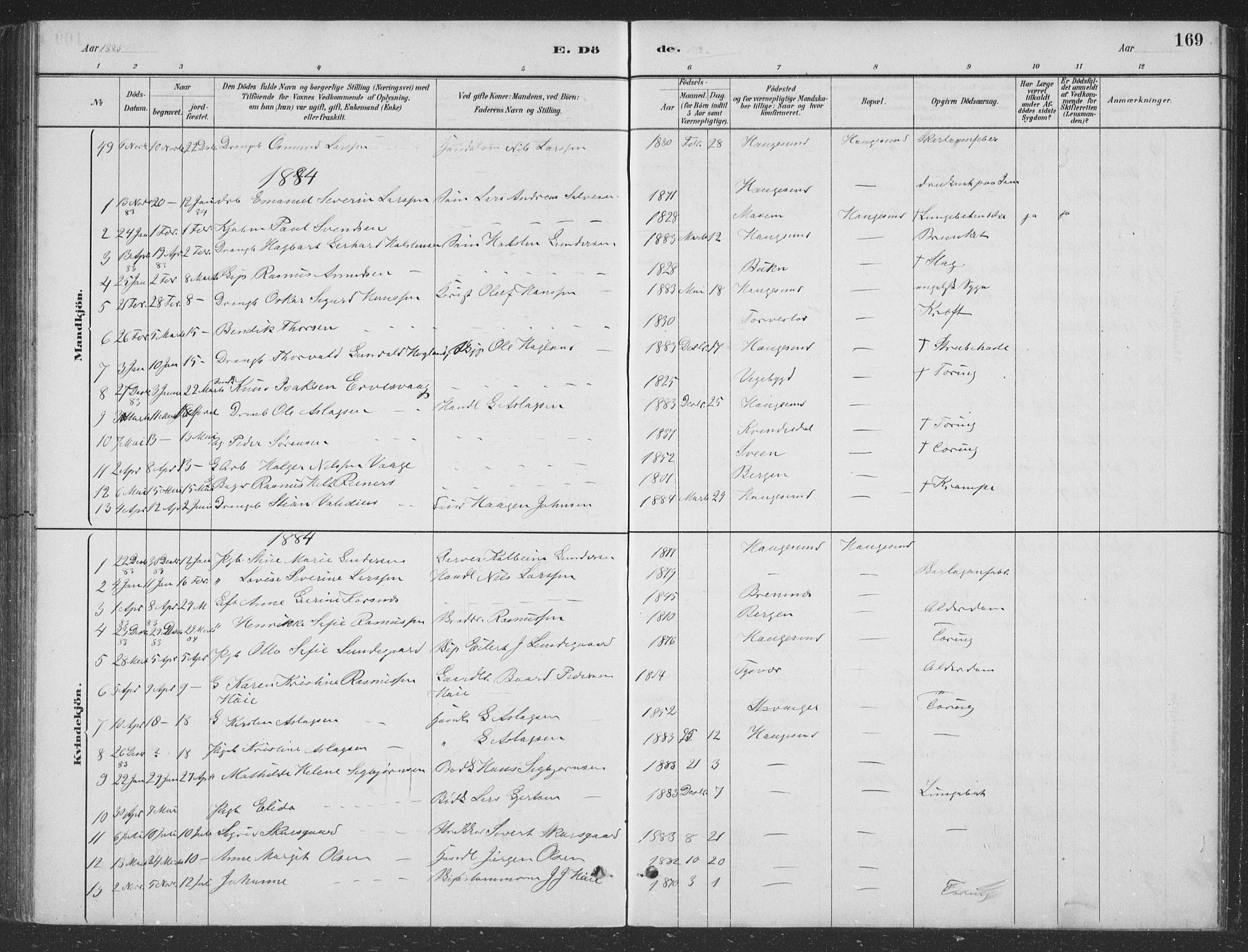 Haugesund sokneprestkontor, SAST/A -101863/H/Ha/Hab/L0002: Parish register (copy) no. B 2, 1881-1894, p. 169