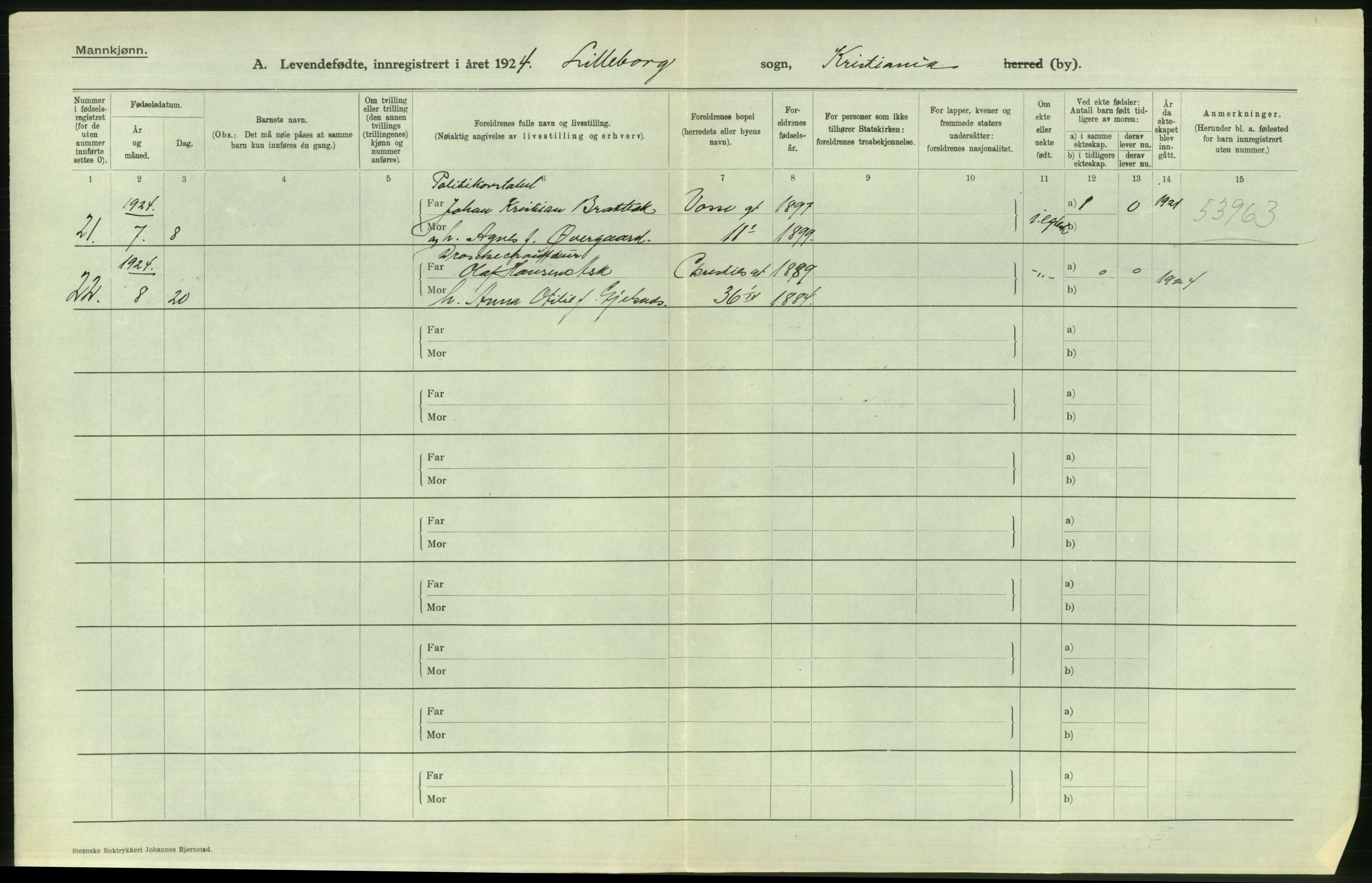 Statistisk sentralbyrå, Sosiodemografiske emner, Befolkning, AV/RA-S-2228/D/Df/Dfc/Dfcd/L0005: Kristiania: Levendefødte menn., 1924, p. 544