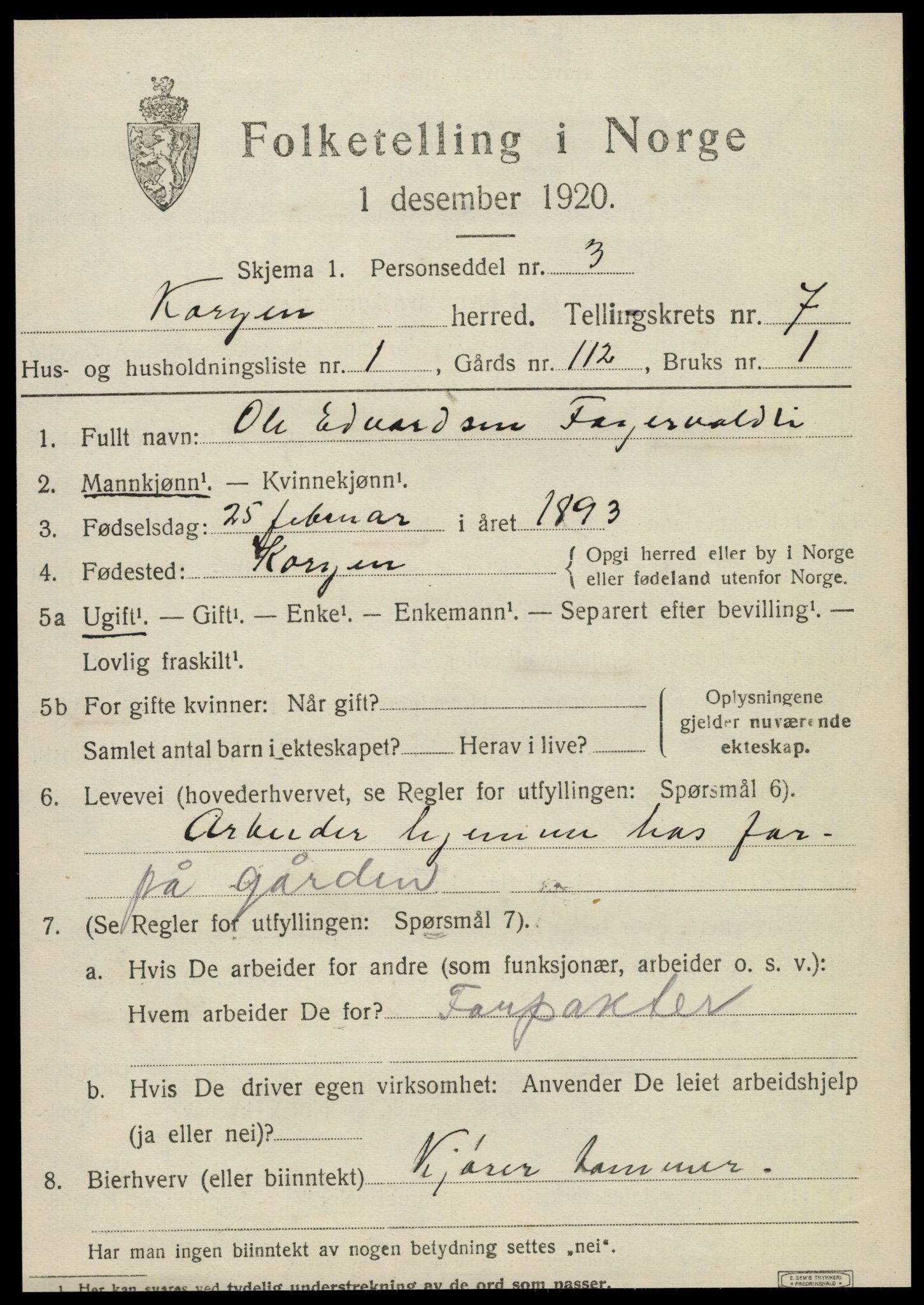 SAT, 1920 census for Korgen, 1920, p. 2786