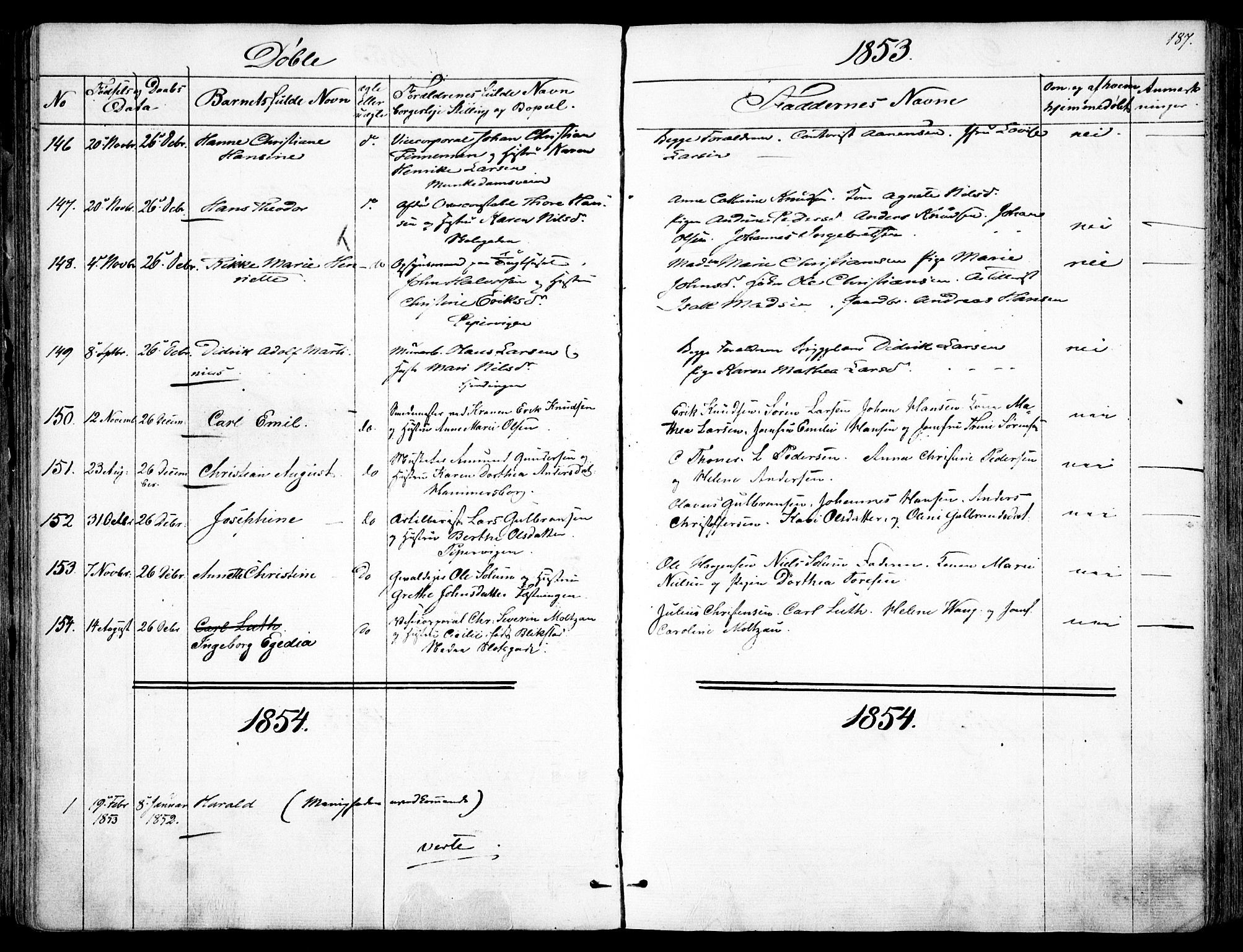 Garnisonsmenigheten Kirkebøker, AV/SAO-A-10846/F/Fa/L0008: Parish register (official) no. 8, 1842-1859, p. 187