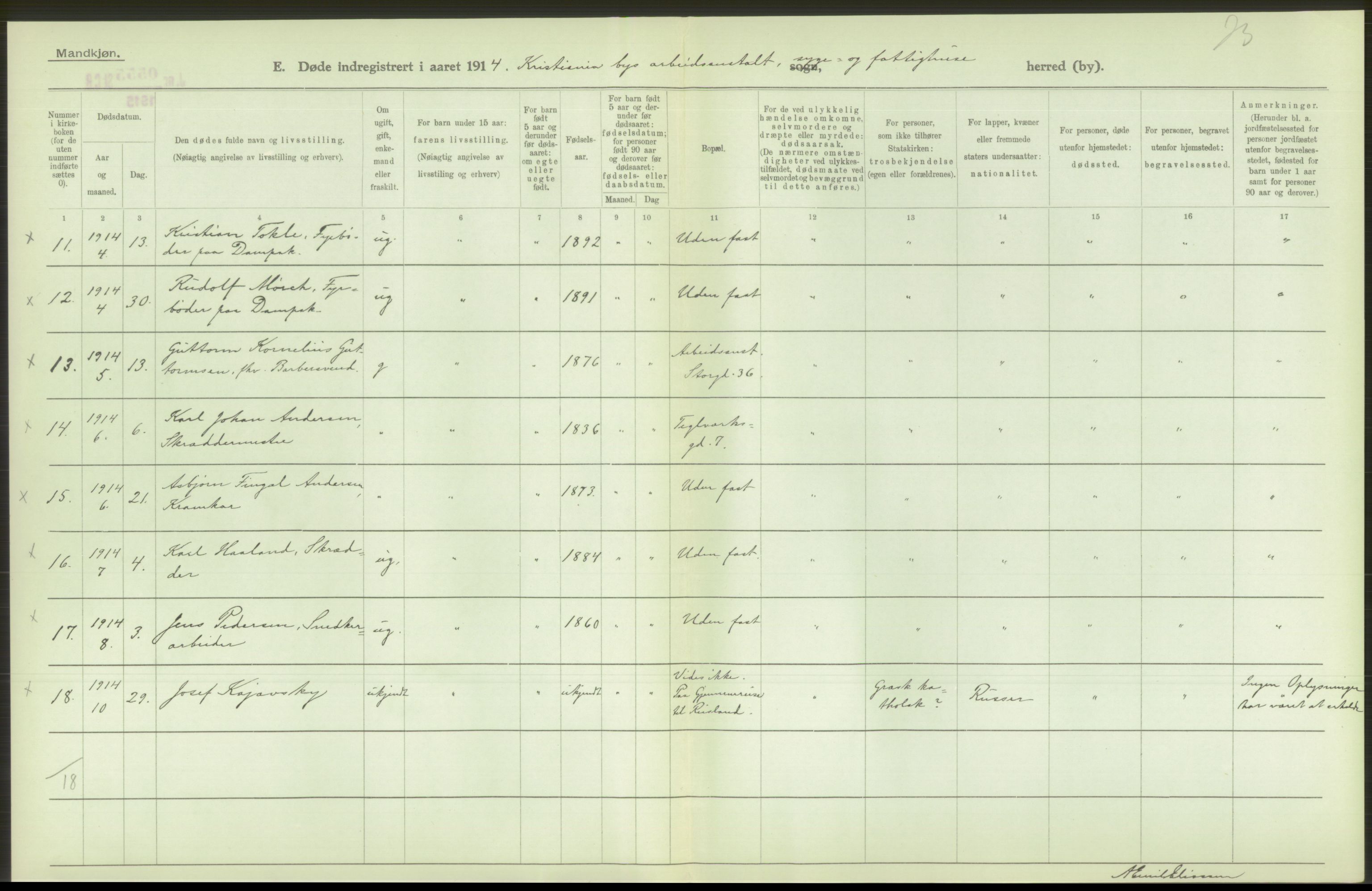 Statistisk sentralbyrå, Sosiodemografiske emner, Befolkning, RA/S-2228/D/Df/Dfb/Dfbd/L0008: Kristiania: Døde, 1914, p. 590