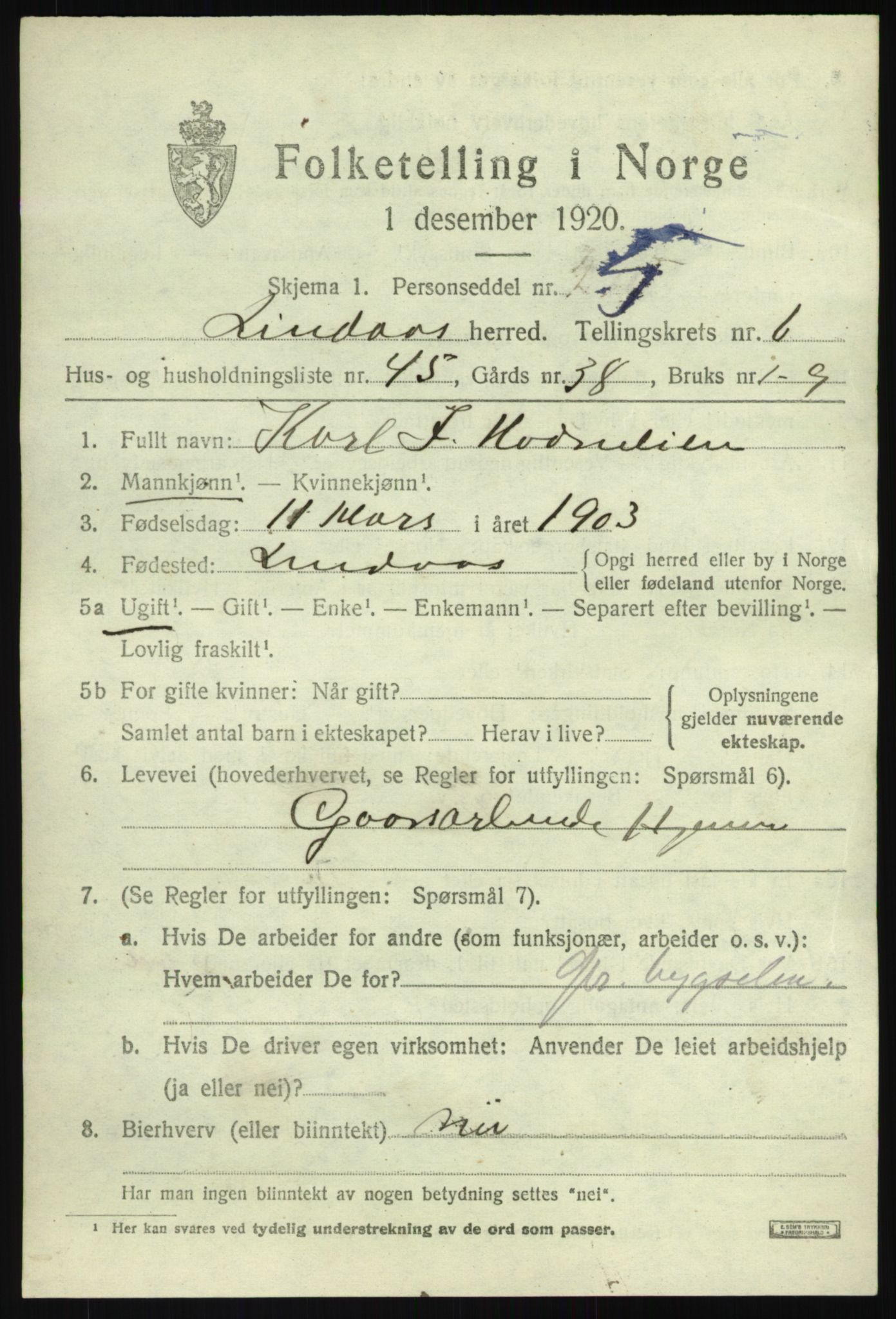 SAB, 1920 census for Lindås, 1920, p. 4027