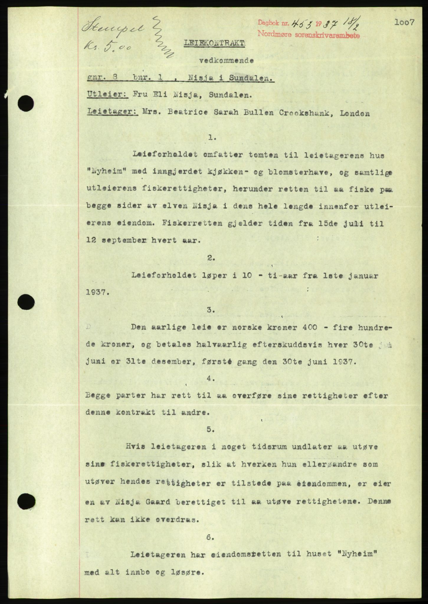 Nordmøre sorenskriveri, AV/SAT-A-4132/1/2/2Ca/L0090: Mortgage book no. B80, 1936-1937, Diary no: : 453/1937