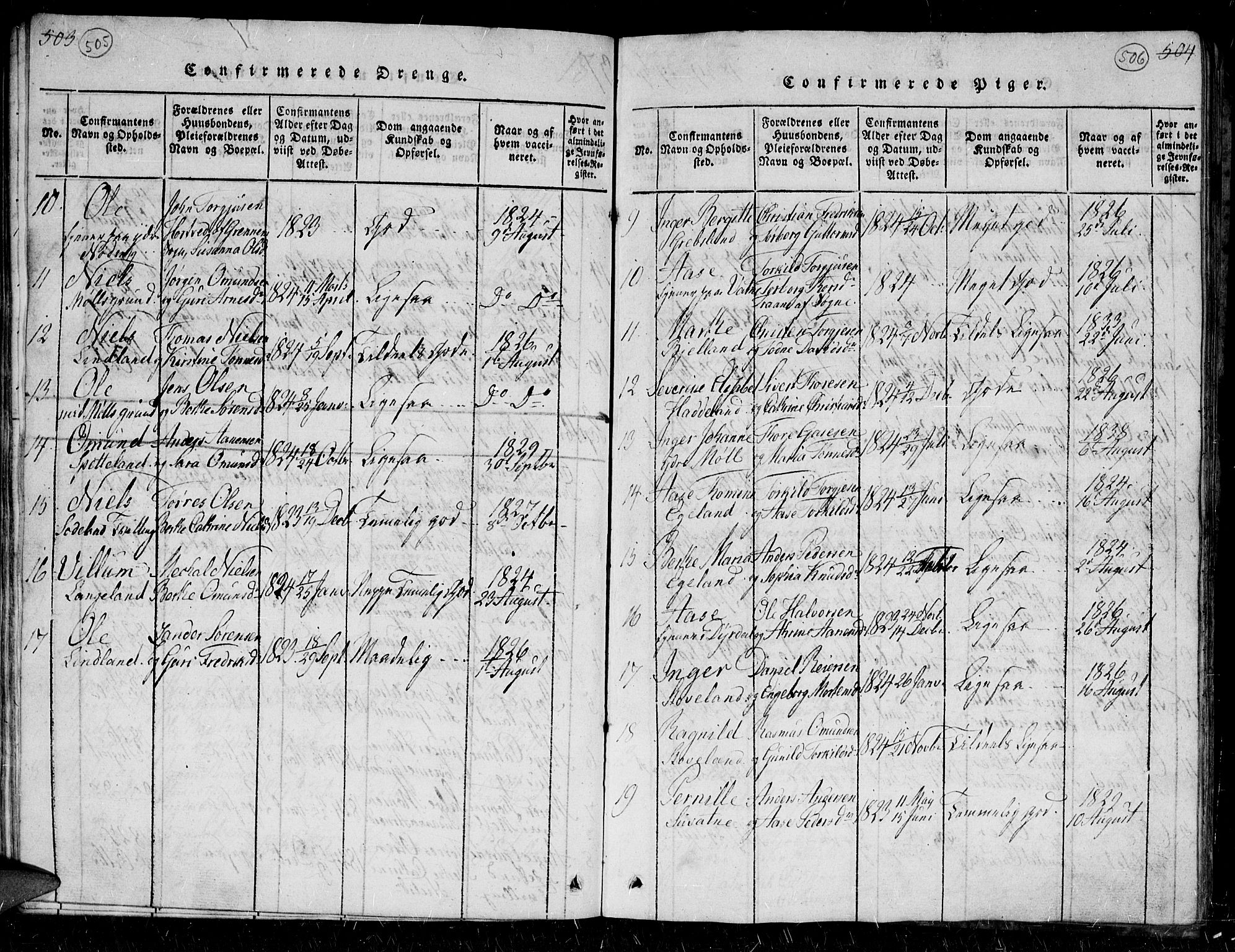 Holum sokneprestkontor, AV/SAK-1111-0022/F/Fb/Fba/L0002: Parish register (copy) no. B 2, 1820-1849, p. 505-506