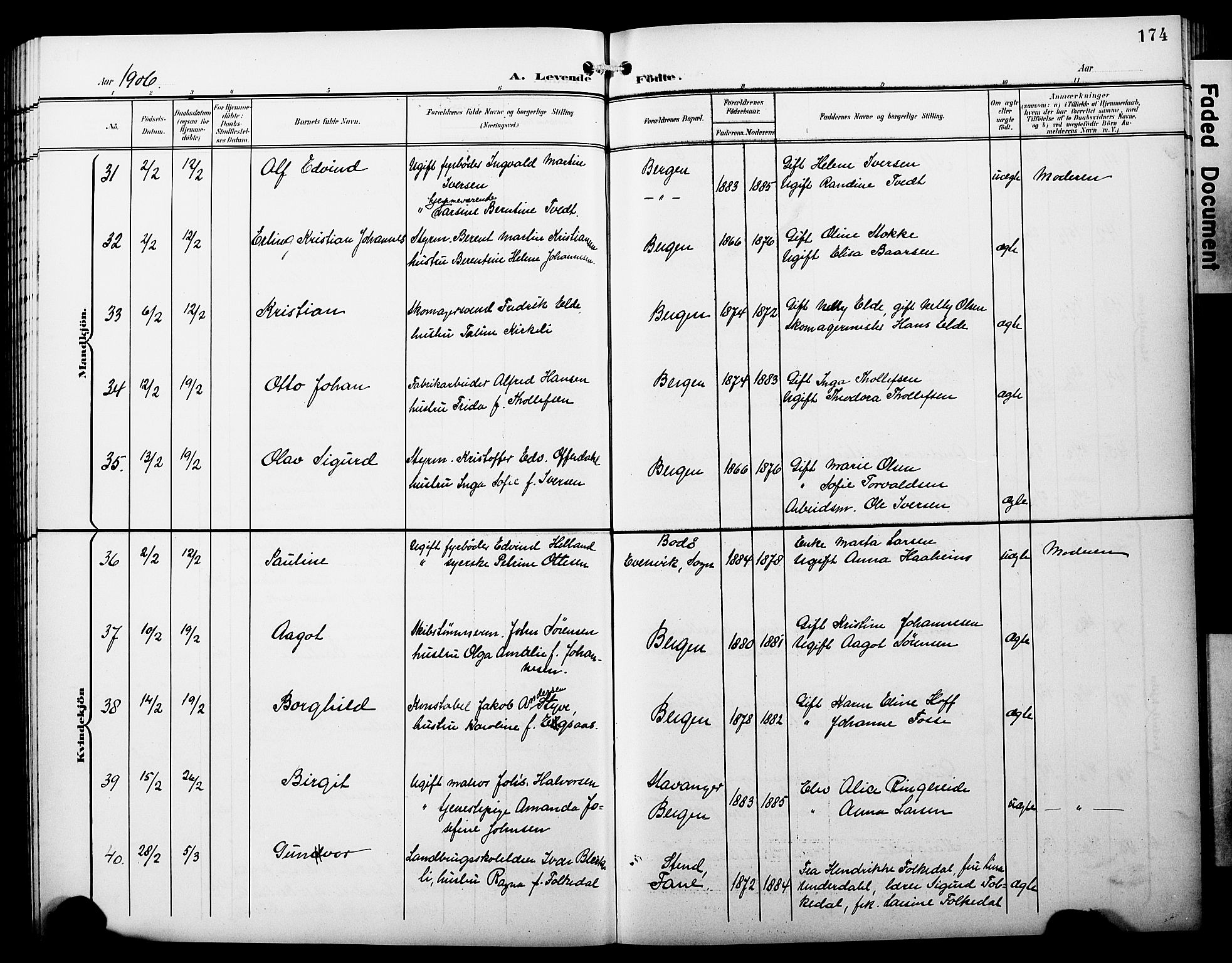 Fødselsstiftelsens sokneprestembete*, SAB/-: Parish register (copy) no. A 1, 1900-1909, p. 174