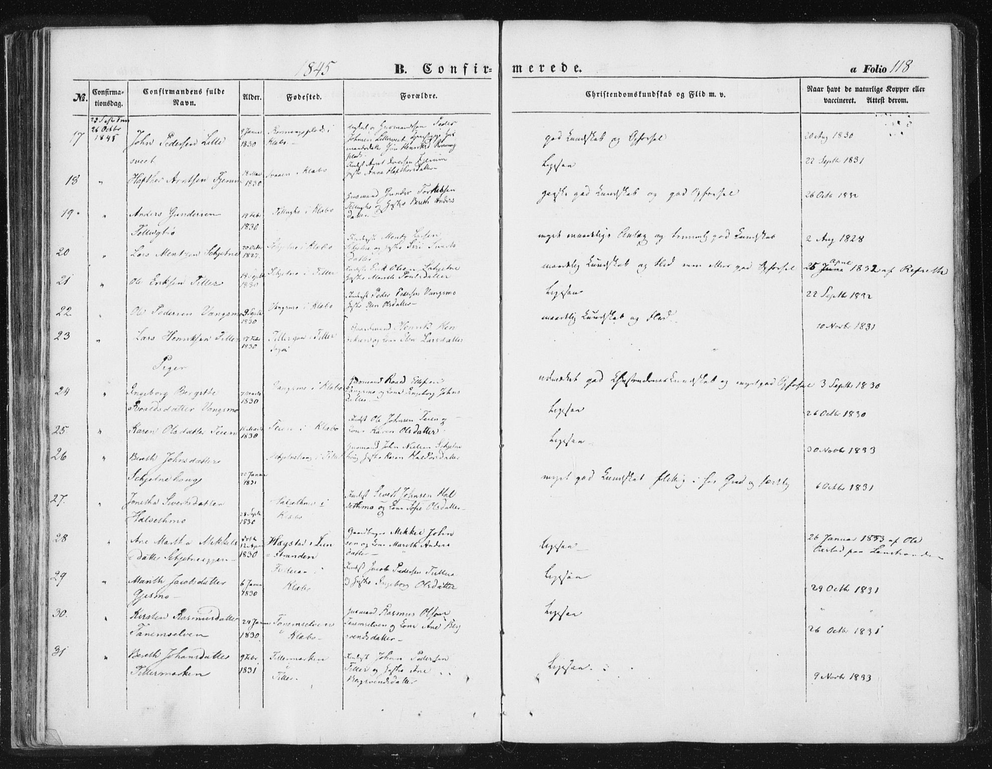 Ministerialprotokoller, klokkerbøker og fødselsregistre - Sør-Trøndelag, AV/SAT-A-1456/618/L0441: Parish register (official) no. 618A05, 1843-1862, p. 118