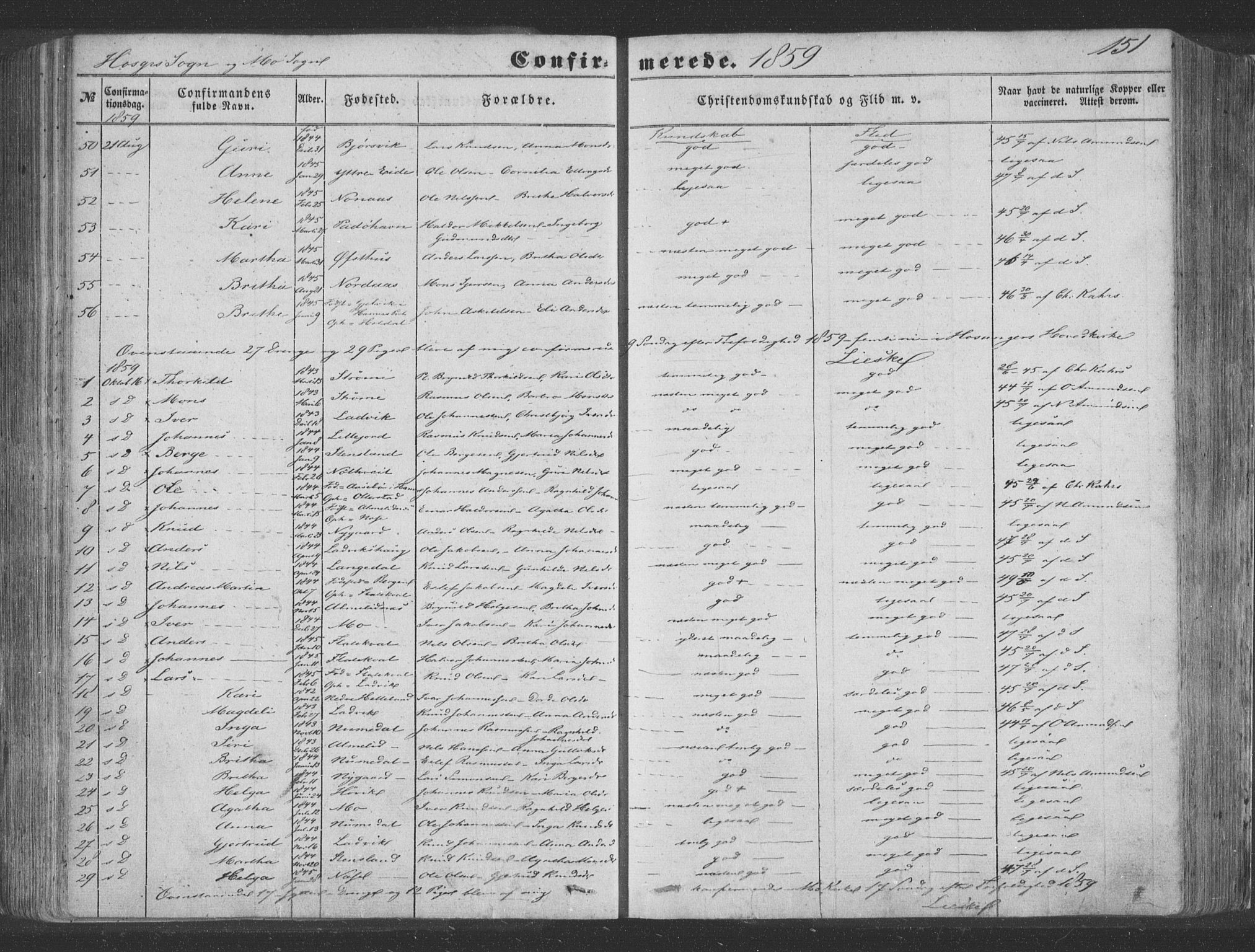 Hosanger sokneprestembete, SAB/A-75801/H/Haa: Parish register (official) no. A 8, 1849-1863, p. 151