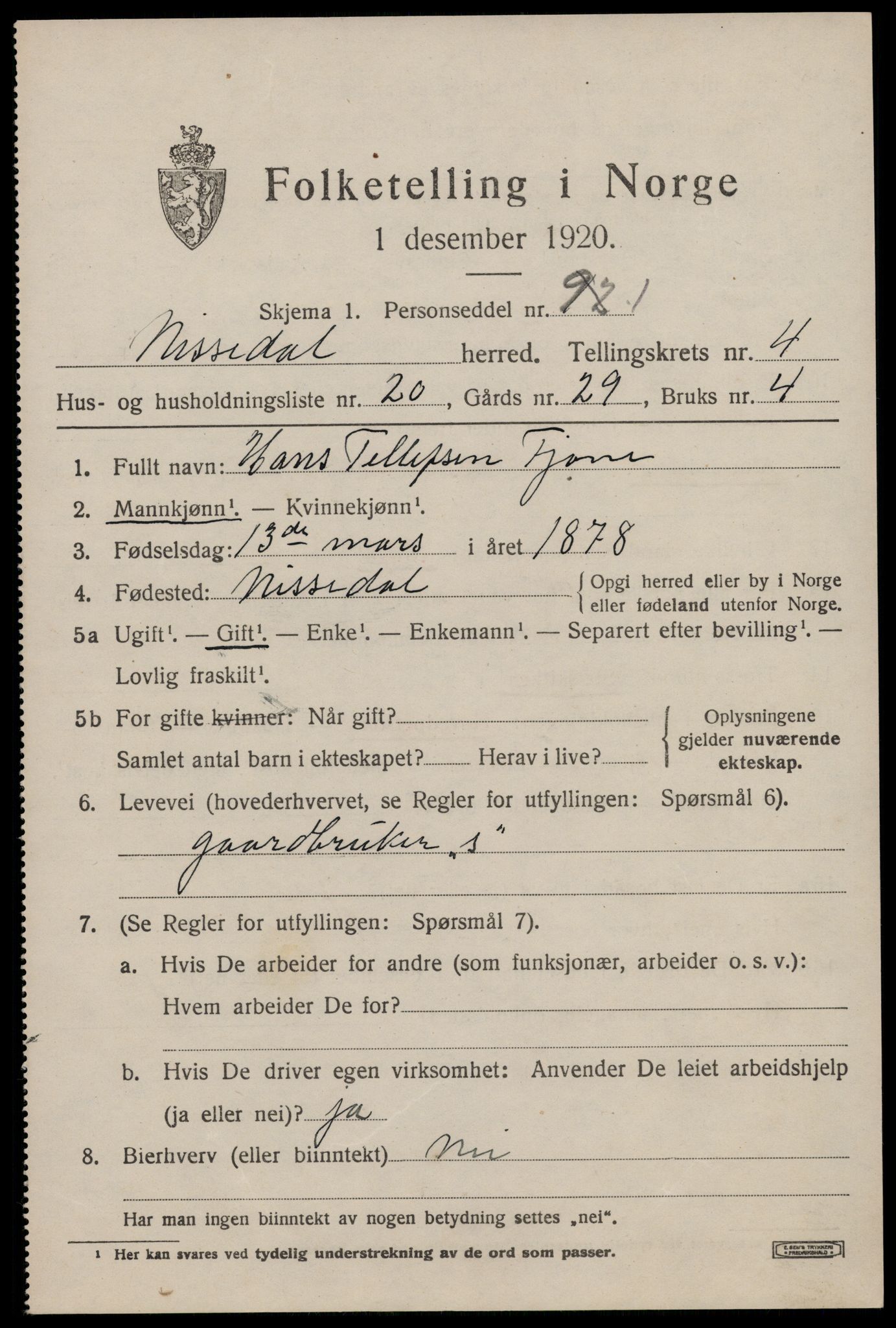 SAKO, 1920 census for Nissedal, 1920, p. 2011