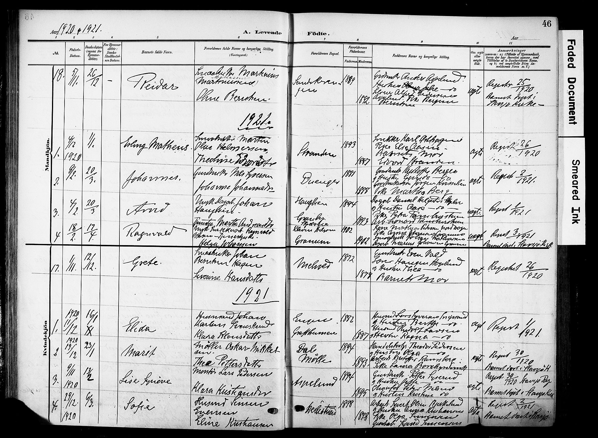 Nes prestekontor, Hedmark, SAH/PREST-020/K/Ka/L0014: Parish register (official) no. 14, 1906-1929, p. 46