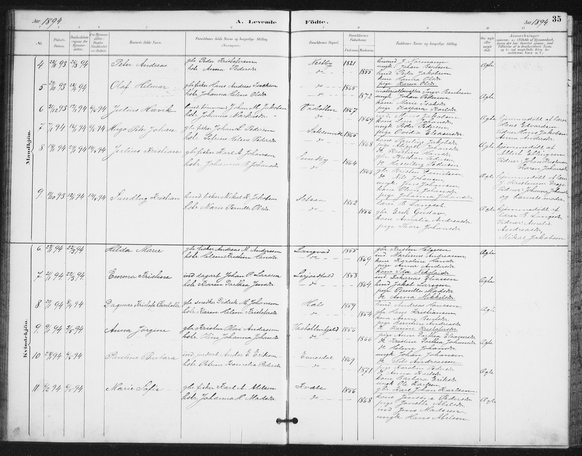 Ministerialprotokoller, klokkerbøker og fødselsregistre - Nordland, AV/SAT-A-1459/847/L0682: Parish register (copy) no. 847C10, 1889-1907, p. 35