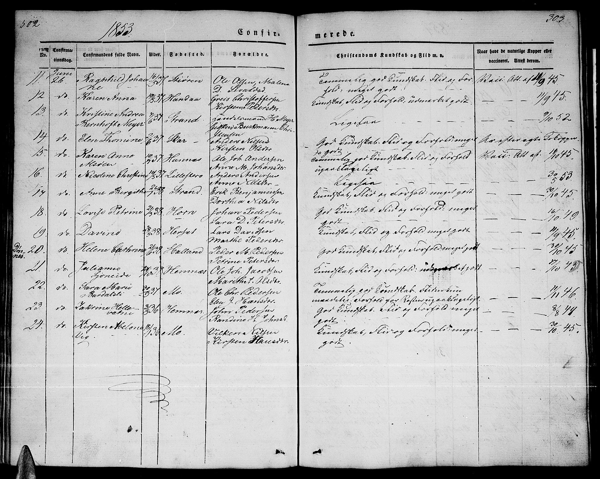 Ministerialprotokoller, klokkerbøker og fødselsregistre - Nordland, AV/SAT-A-1459/838/L0555: Parish register (copy) no. 838C02, 1842-1861, p. 302-303