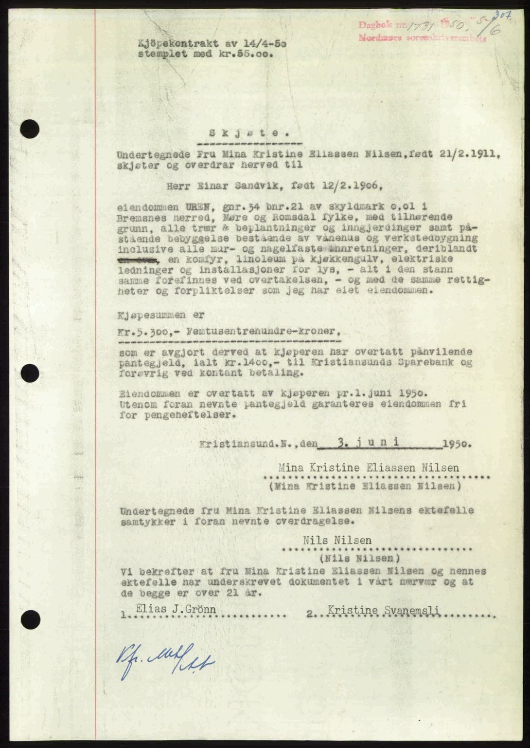 Nordmøre sorenskriveri, AV/SAT-A-4132/1/2/2Ca: Mortgage book no. A115, 1950-1950, Diary no: : 1731/1950