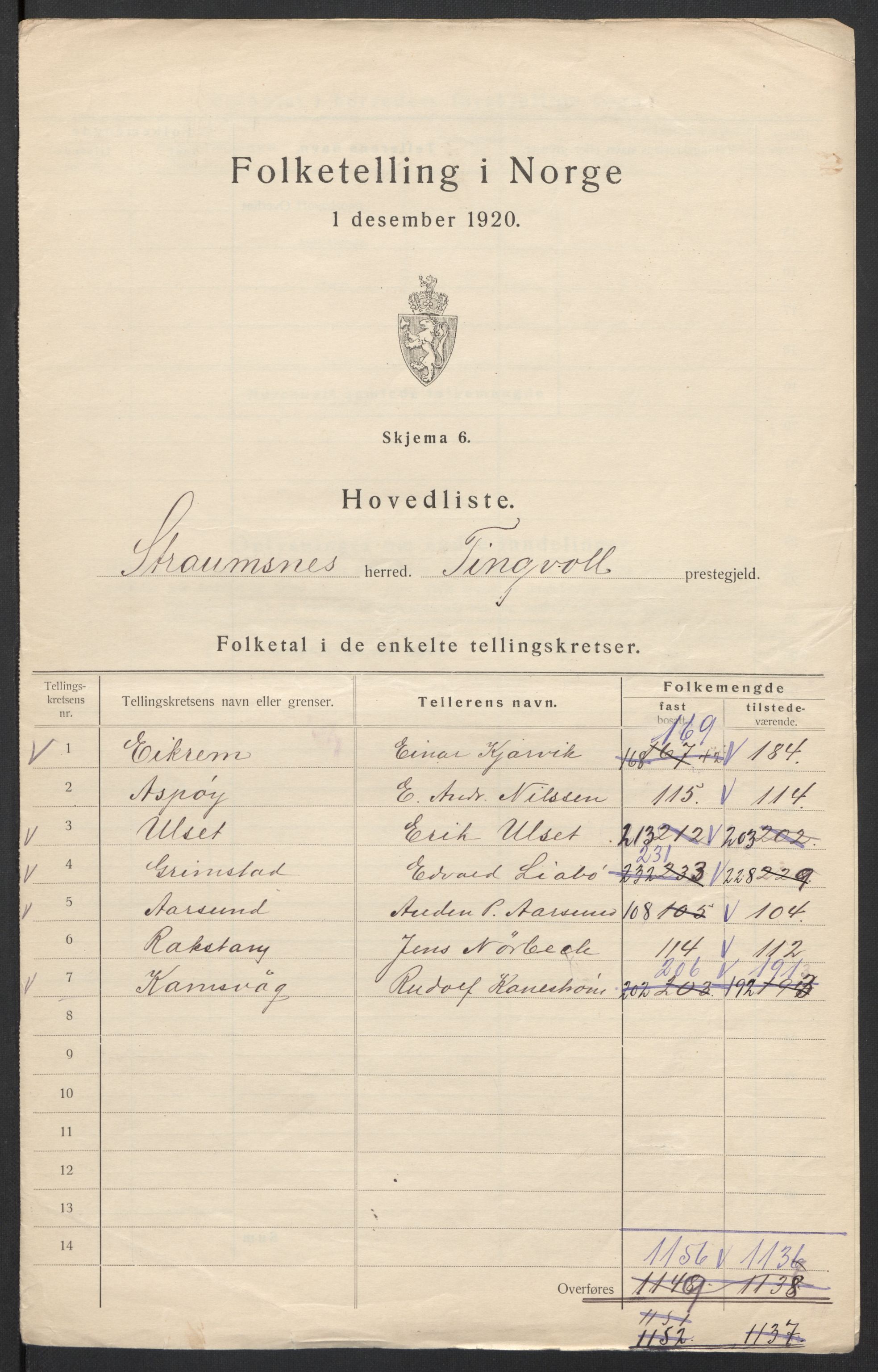 SAT, 1920 census for Straumsnes, 1920, p. 7