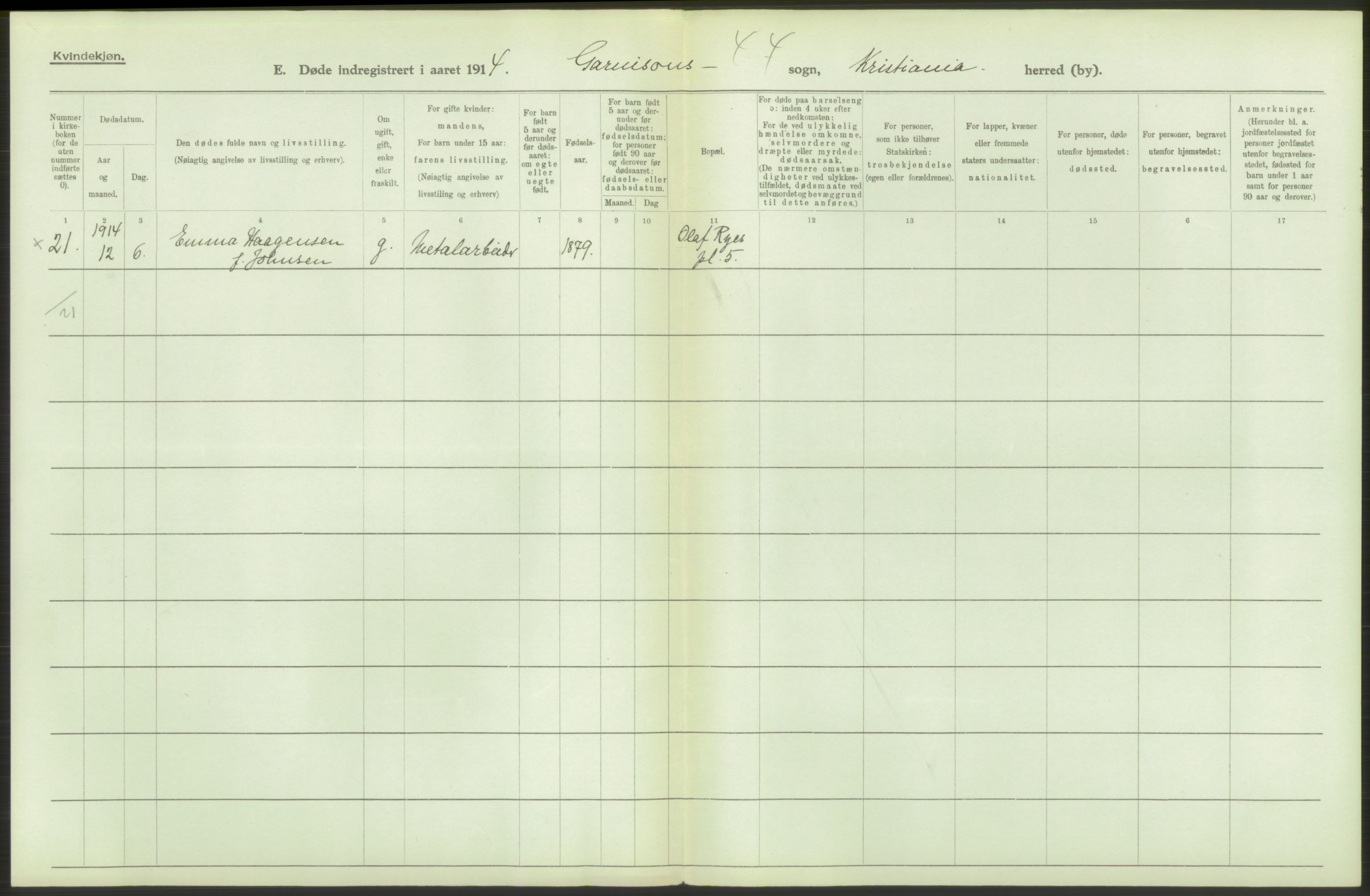 Statistisk sentralbyrå, Sosiodemografiske emner, Befolkning, AV/RA-S-2228/D/Df/Dfb/Dfbd/L0008: Kristiania: Døde, 1914, p. 22