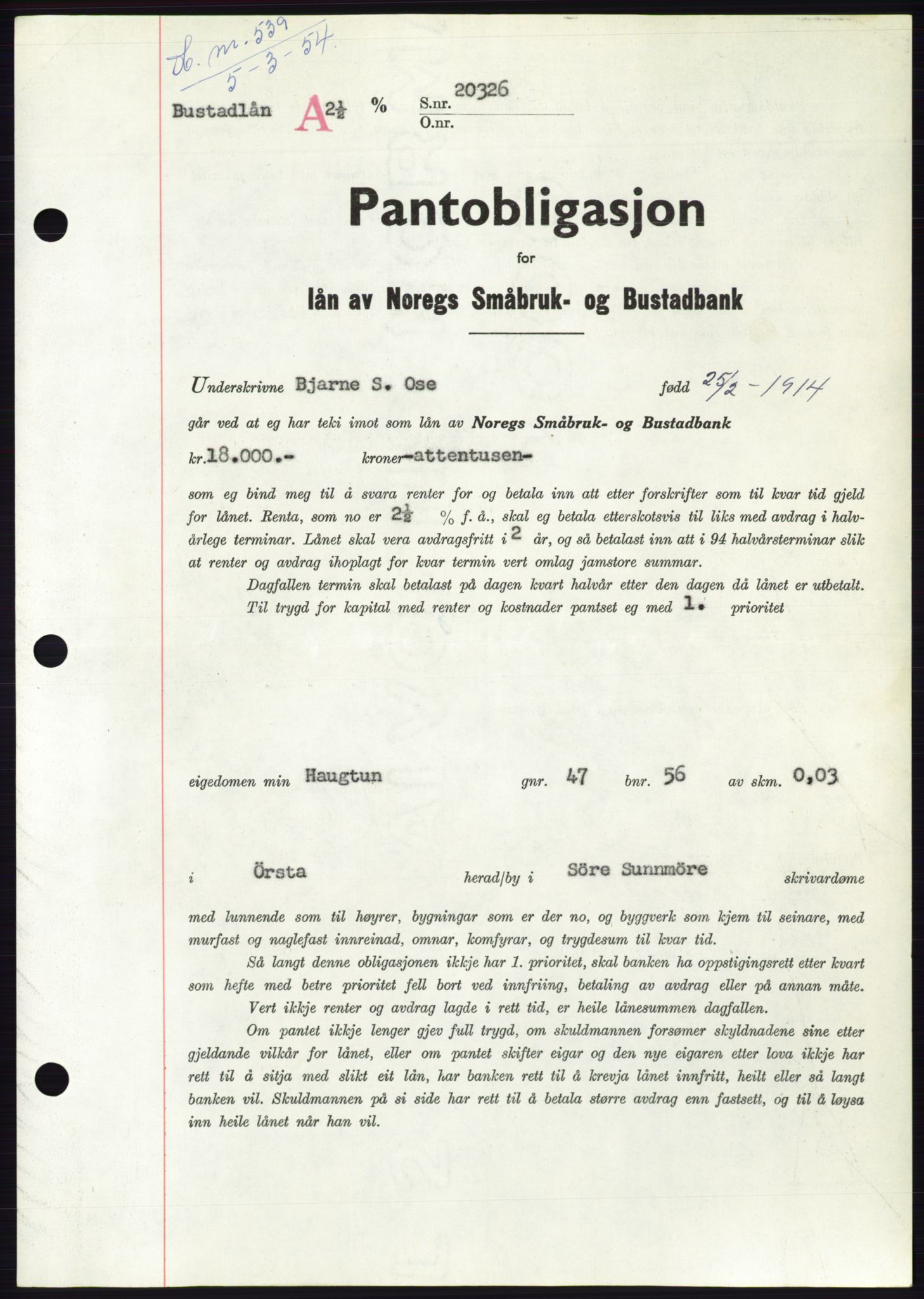 Søre Sunnmøre sorenskriveri, AV/SAT-A-4122/1/2/2C/L0124: Mortgage book no. 12B, 1953-1954, Diary no: : 539/1954