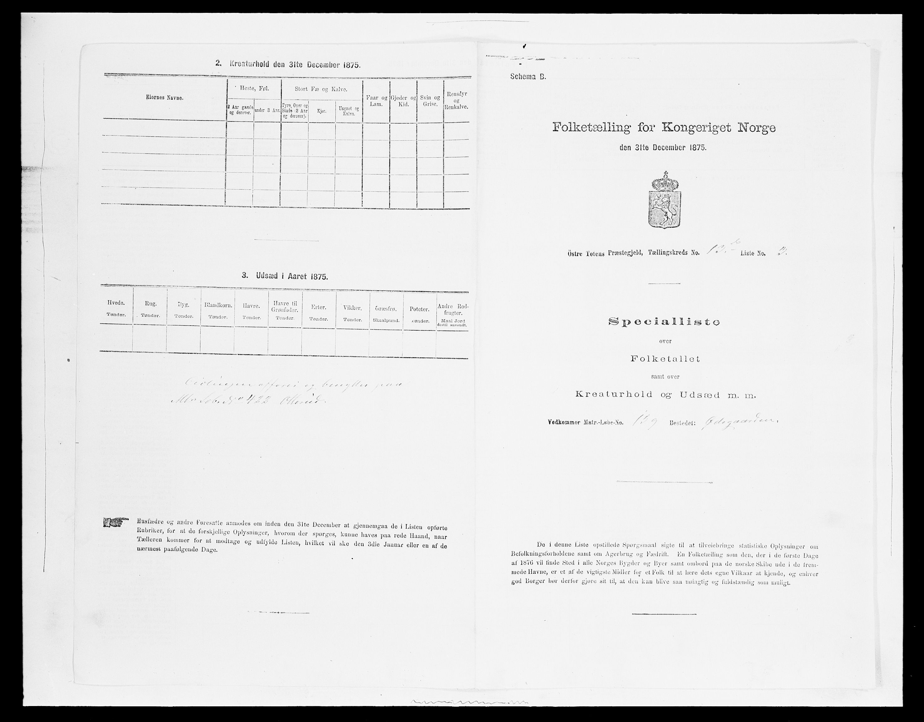 SAH, 1875 census for 0528P Østre Toten, 1875, p. 2484