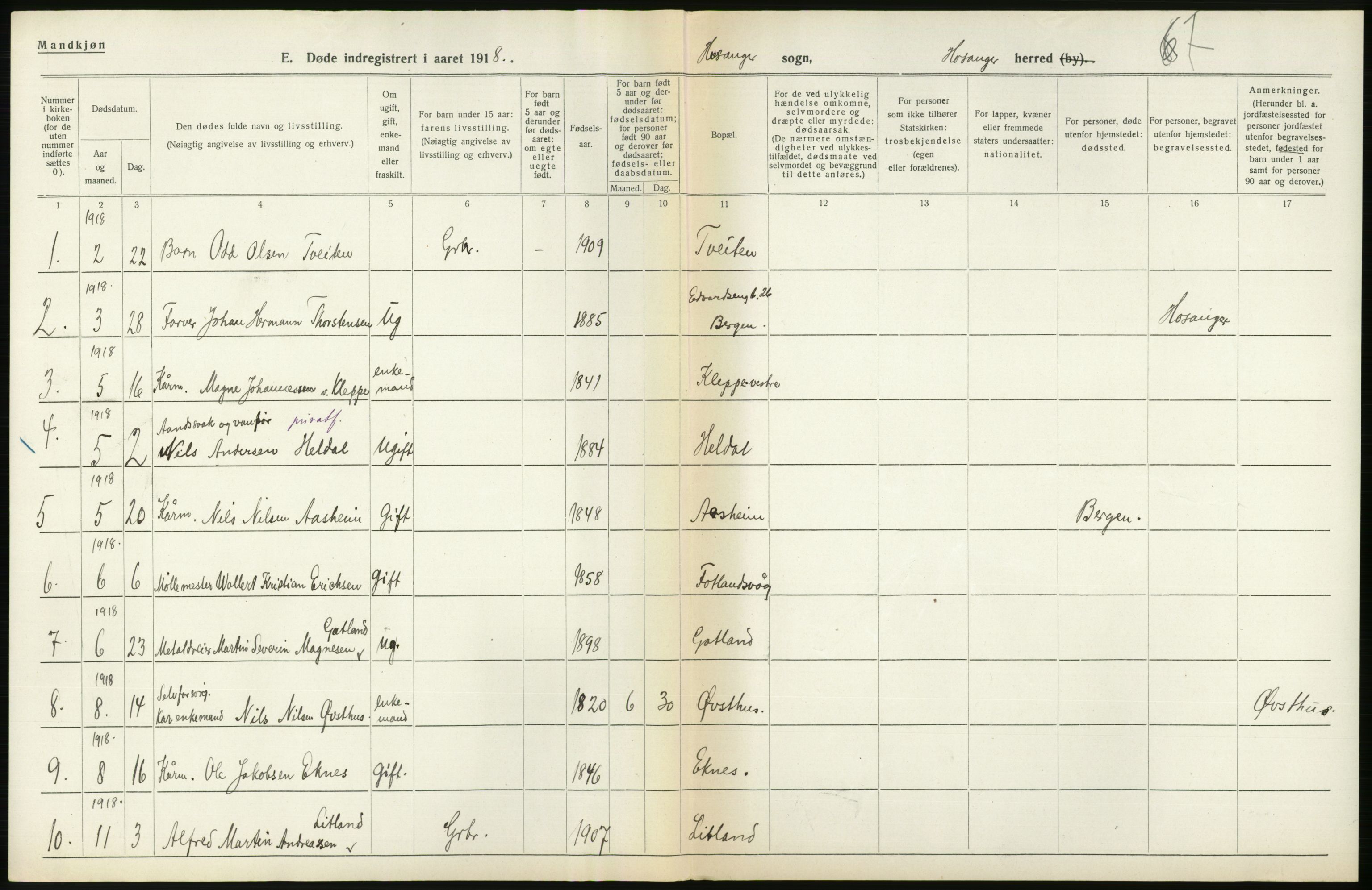 Statistisk sentralbyrå, Sosiodemografiske emner, Befolkning, RA/S-2228/D/Df/Dfb/Dfbh/L0036: Hordaland fylke: Døde., 1918, p. 222