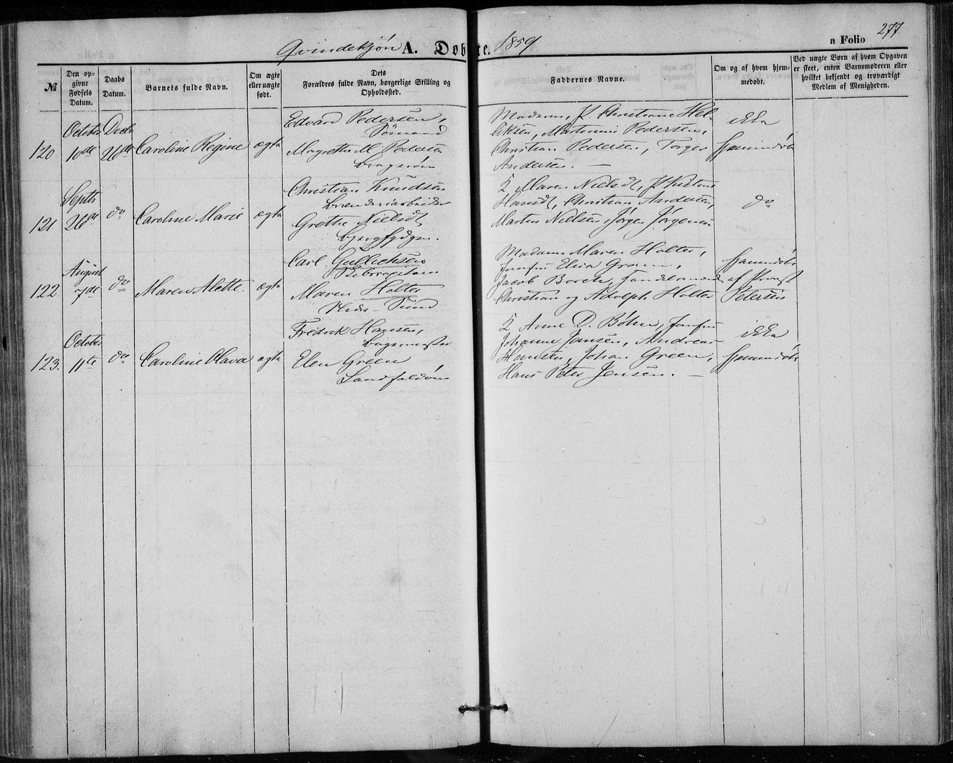 Bragernes kirkebøker, SAKO/A-6/F/Fb/L0002: Parish register (official) no. II 2, 1848-1859, p. 277