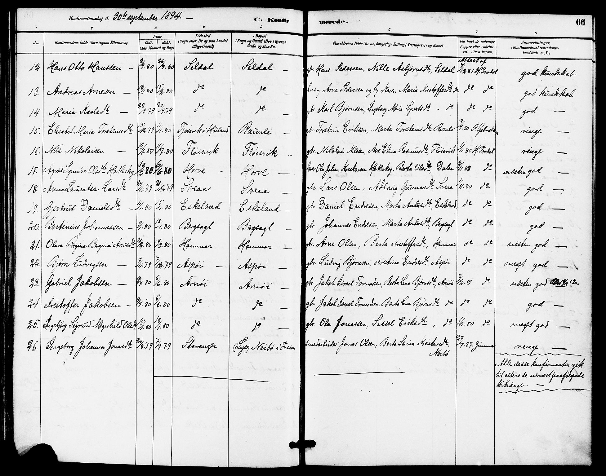 Høgsfjord sokneprestkontor, AV/SAST-A-101624/H/Ha/Haa/L0005: Parish register (official) no. A 5, 1885-1897, p. 66