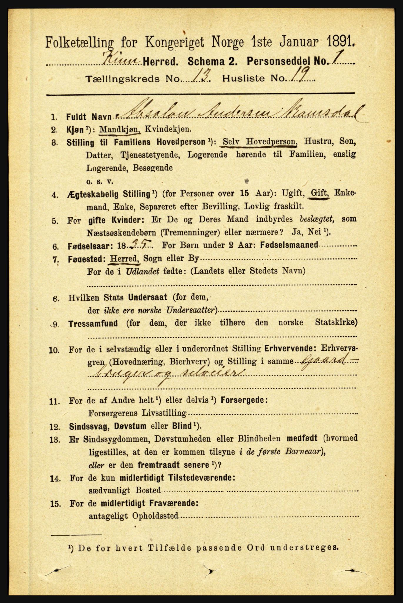 RA, 1891 census for 1437 Kinn, 1891, p. 5187