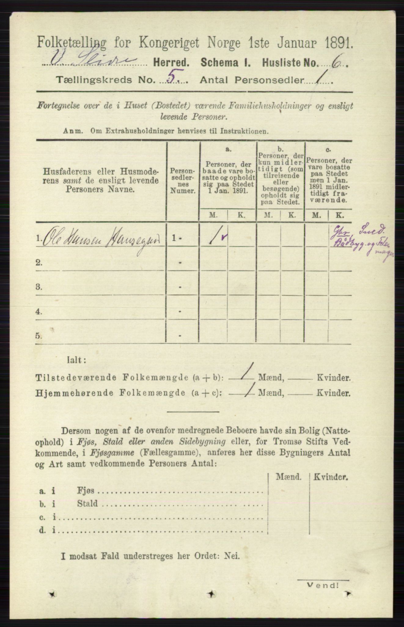 RA, 1891 census for 0543 Vestre Slidre, 1891, p. 1694