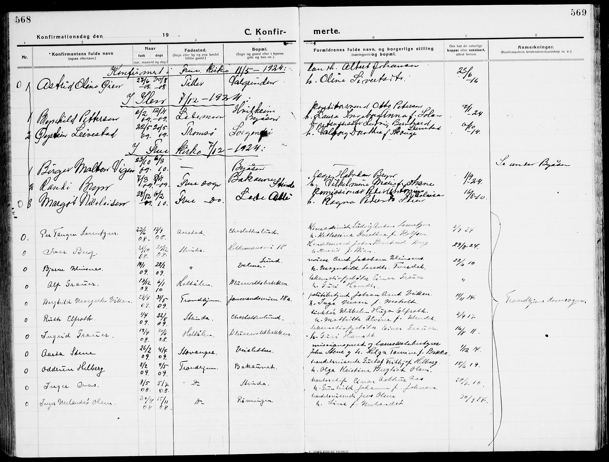 Ministerialprotokoller, klokkerbøker og fødselsregistre - Sør-Trøndelag, SAT/A-1456/607/L0321: Parish register (official) no. 607A05, 1916-1935, p. 568-569