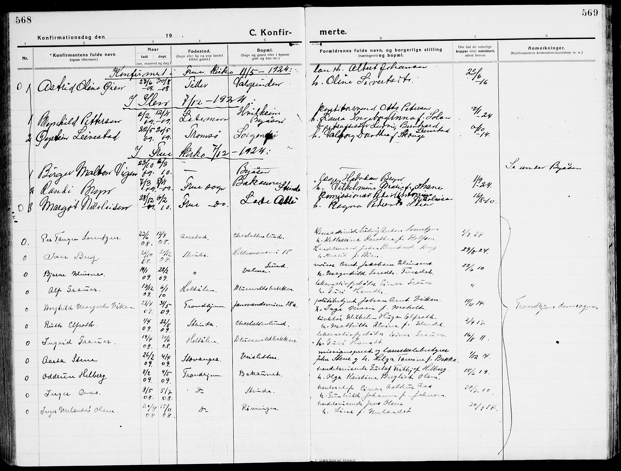 Ministerialprotokoller, klokkerbøker og fødselsregistre - Sør-Trøndelag, AV/SAT-A-1456/607/L0321: Parish register (official) no. 607A05, 1916-1935, p. 568-569