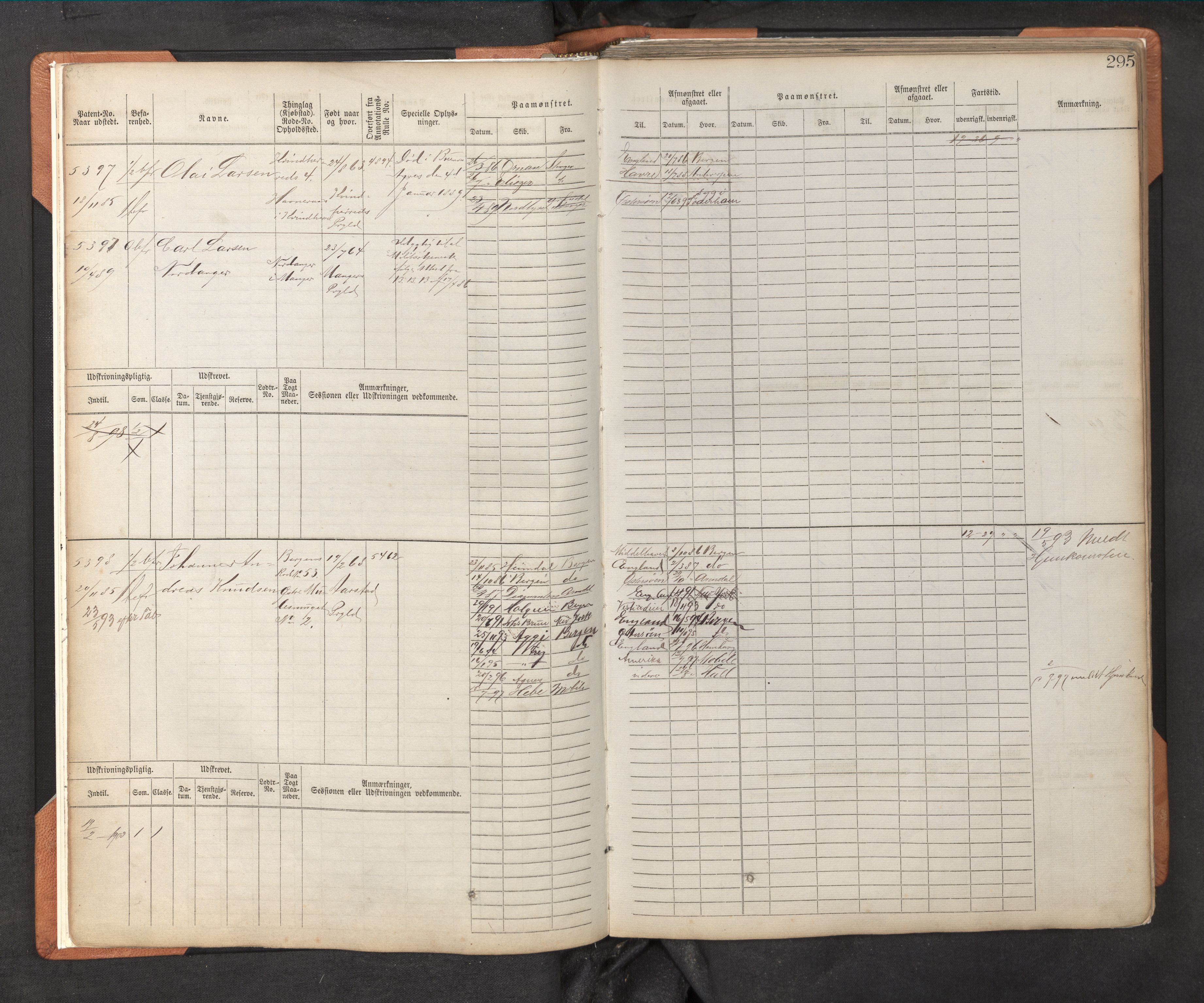 Innrulleringssjefen i Bergen, SAB/A-100050/F/Fc/L0009: Sjøfartshovedrulle, nr. 5391 - 6010, 1882-1889, p. 295