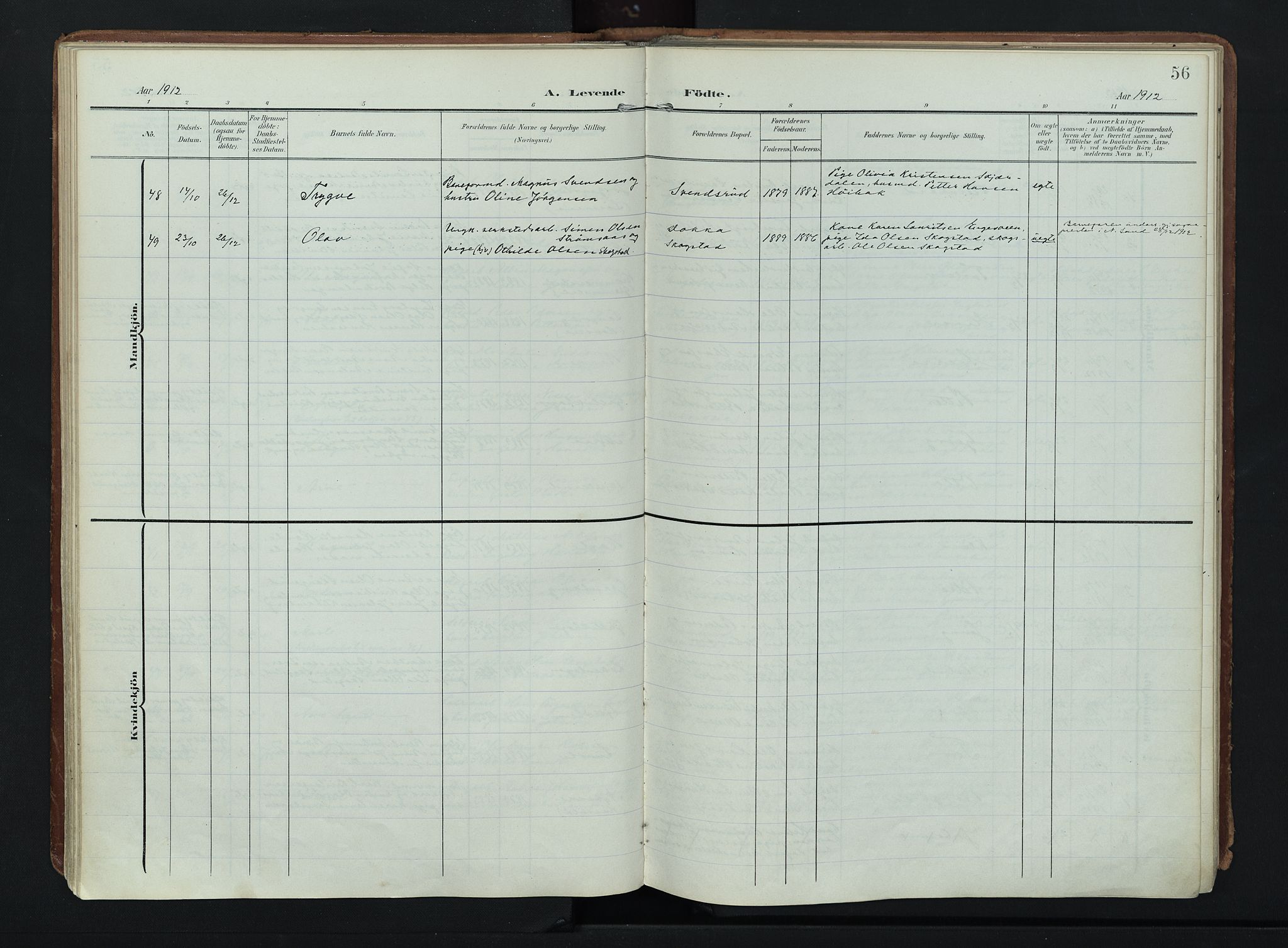 Søndre Land prestekontor, AV/SAH-PREST-122/K/L0007: Parish register (official) no. 7, 1905-1914, p. 56