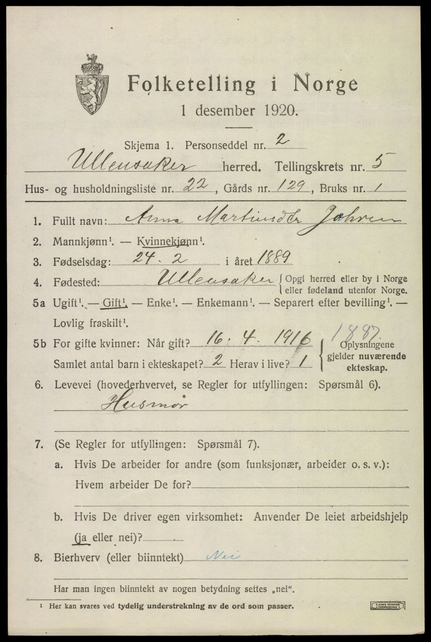 SAO, 1920 census for Ullensaker, 1920, p. 9307